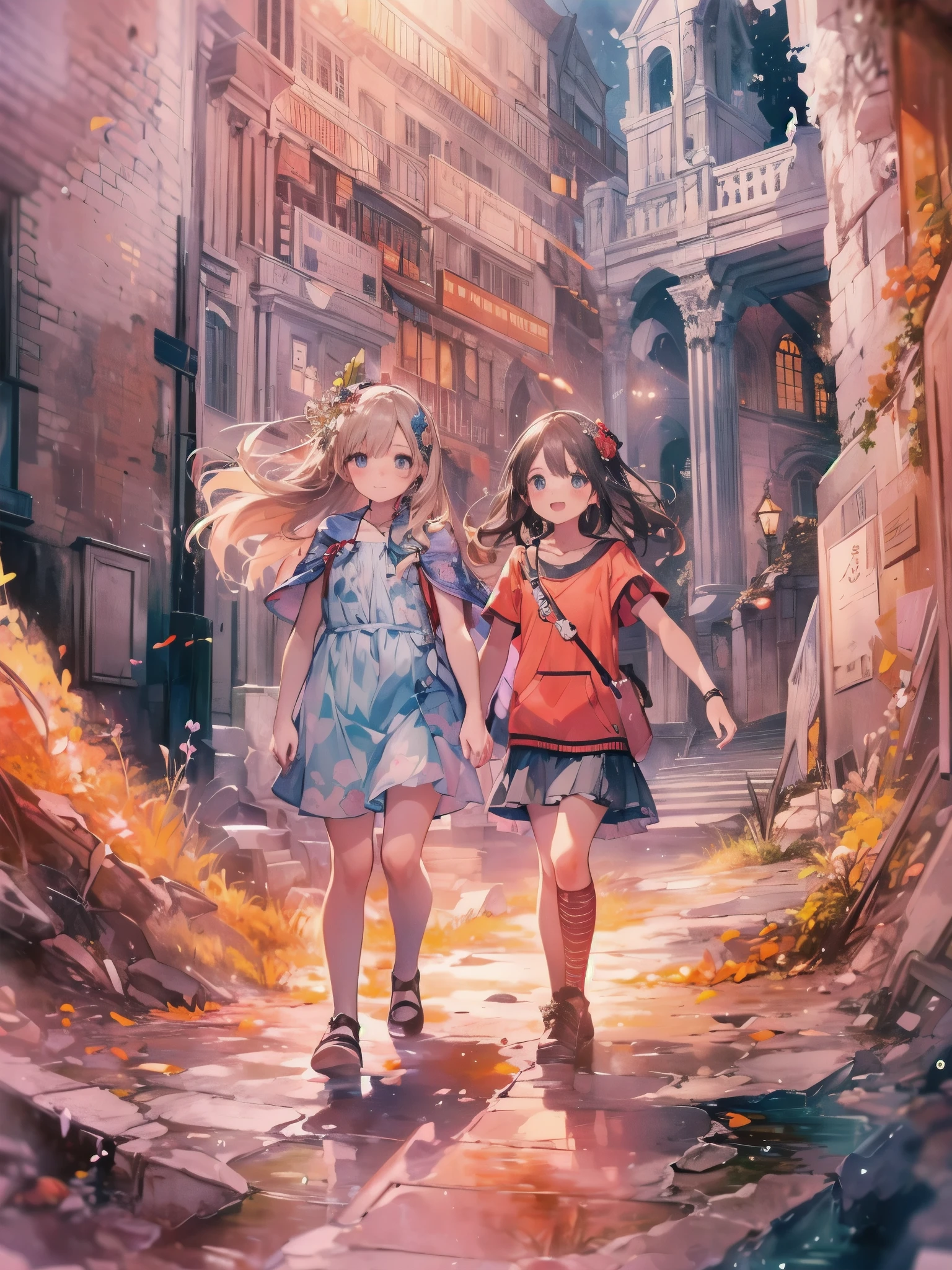 Two beautiful girls, a wonderful day, exploring an underground labyrinth, dark and spooky creatures,
Contracts, magic, solemnity, enchanting smiles, colorful, saturated,

departure, joy, anticipation.
Cape, strong winds, hurricane, super ruins,
Art, memorable masterpiece, historical moment,
Departure, seeing off, joy, anticipation, working, looking at the viewer, crowd
Watercolor: 1.3, Delicate, Detail, (Saturation: 1.2), Sharp Focus, Focus on Face, 

(Masterpiece:1.2),(Best Quality:1.2),Latest, Fine details, AI generated,