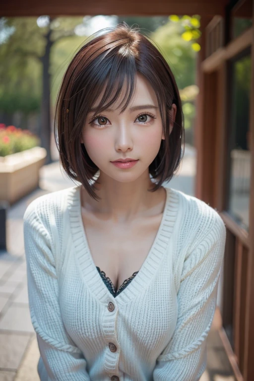 ((Beautiful Face:1.4)), (Purelos Face_v1: 1.0), (Highest quality, 8k, 32K, masterpiece, Ultra-high resolution:1.2),Beautiful Japanese Women Photos, Large Breasts, Very short bob hair,Upper Body,(Extra Large_sweater,:1.0) necklace, Simple Background, Look around,((Natural big breasts:1.0))