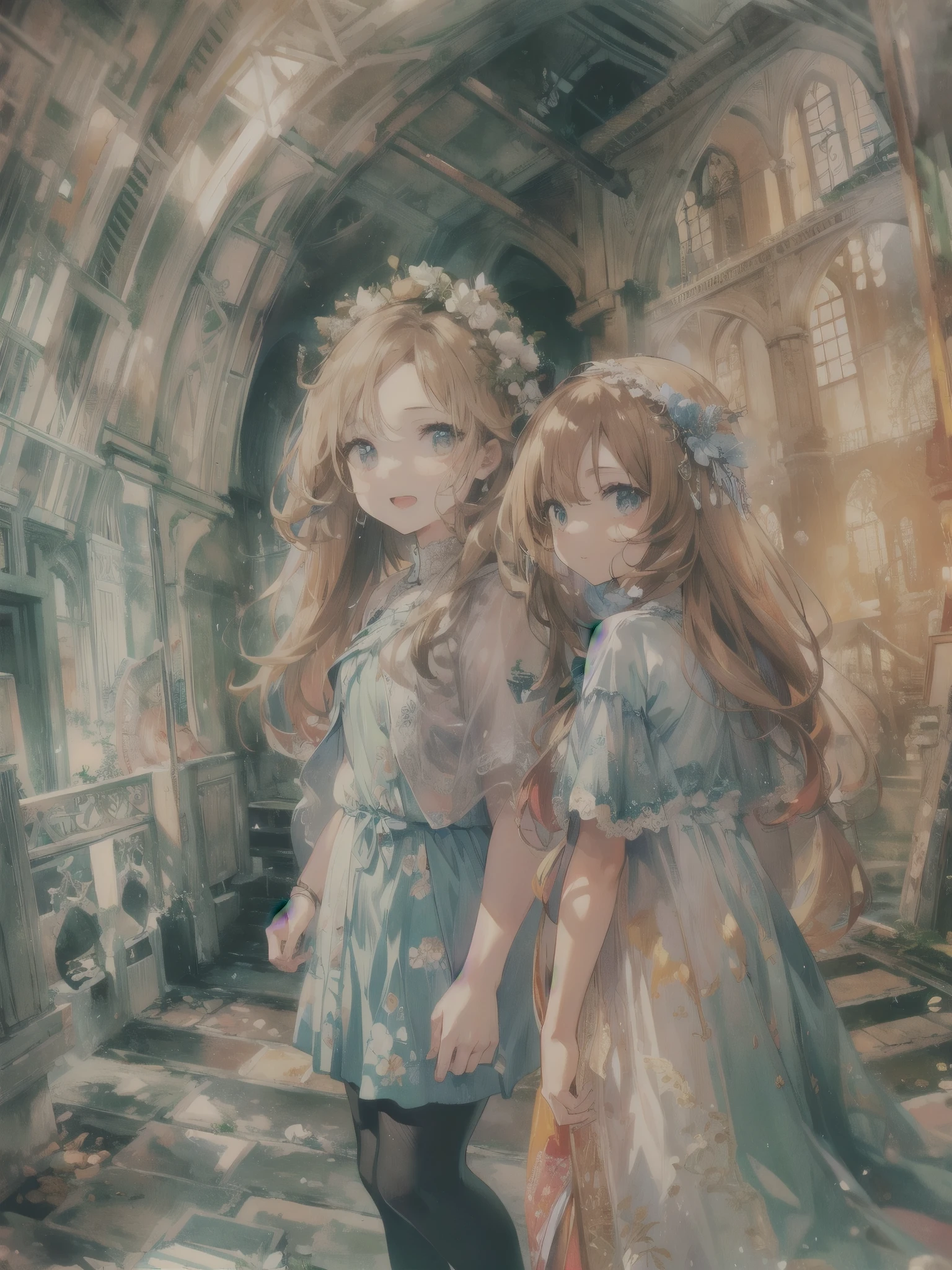 Two beautiful girls, a wonderful day, exploring an underground labyrinth, dark and spooky creatures,
Contracts, magic, solemnity, enchanting smiles, colorful, saturated,

departure, joy, anticipation.
Cape, strong winds, hurricane, super ruins,
Art, memorable masterpiece, historical moment,
Departure, seeing off, joy, anticipation, working, looking at the viewer, crowd
Watercolor: 1.3, Delicate, Detail, (Saturation: 1.2), Sharp Focus, Focus on Face, 

(Masterpiece:1.2),(Best Quality:1.2),Latest, Fine details, AI generated,