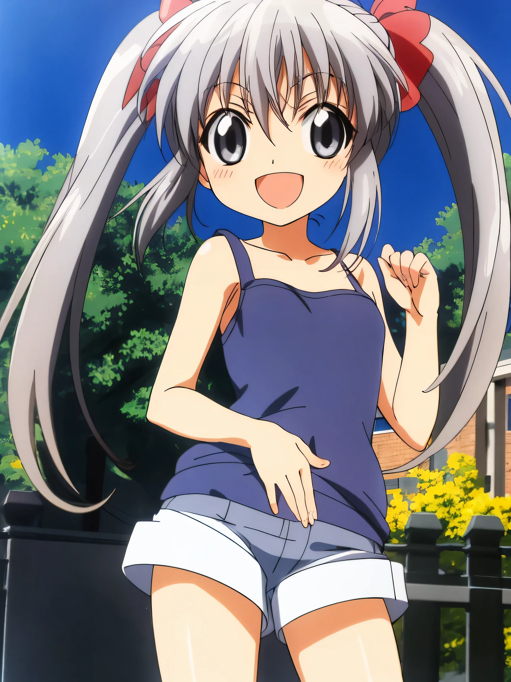 Silver Hair、Grey Eyes、Twin tails、、Flat Chest、Short、Tank top、hot pants、Groin、Show Pantieasterpiece、High resolution、highest quality、Detailed face、Anime Moe Art Style、abdomen、Belly button、Cowboy Shot、A big smile、Outdoor、healthy、Puffy nipples、anime best girl, cute anime girl
