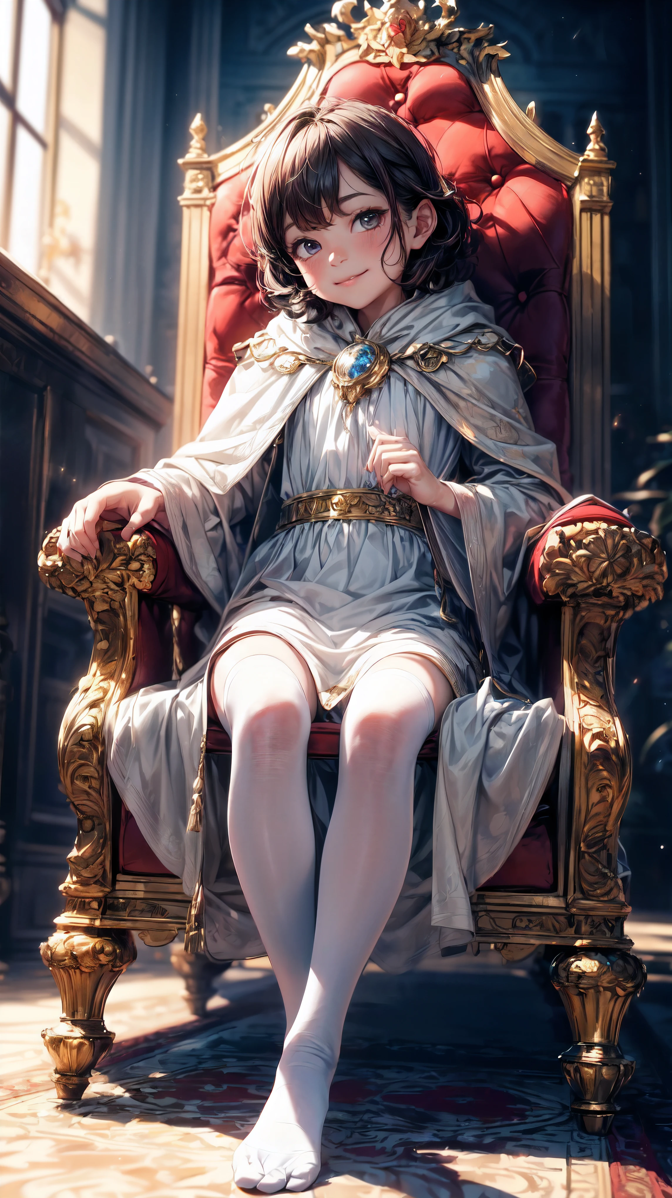 (best quality,4k,8k,highres,masterpiece:1.2),ultra-detailed,(realistic,photorealistic,photo-realistic:1.37), (solo), (a 7  boy:1.2), (cute boy:1.1) wearing a white cloak and a (very long silk long dress:1.1), prince, (best wrinkle, best shadow), ((White long stockings, no shoes)), soft curly hair, sparkling eyes, (curious sparkling eyes, innocent smile, cheeks rosy with happiness), (Sitting on an exquisite and solemn throne), In the magnificent palace, bathed in warm golden sunlight, creating a dreamy and magical atmosphere.