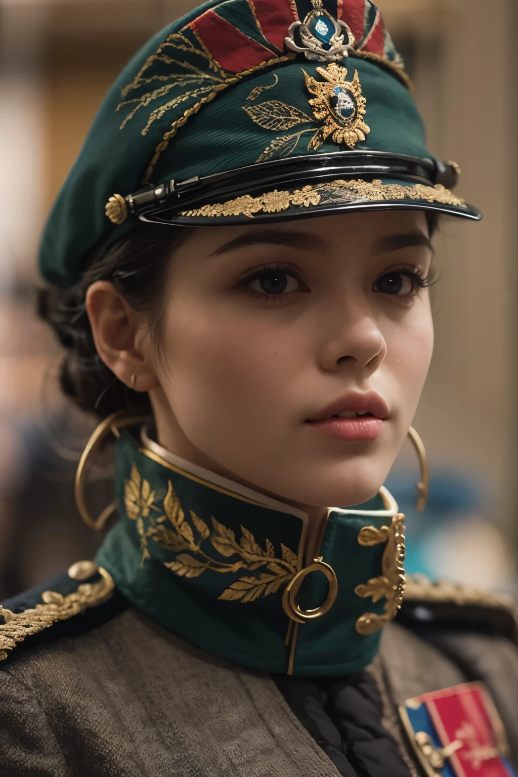 british guards 털모자와 옷을 입은 아라페드 여성, british guards, No makeup , without makeup, portrait of a girl, Profile picture, Use Instagram Filters, Subtle soft and dim light, perfect face, julia sardinian, 💂🏻, Buckingham,