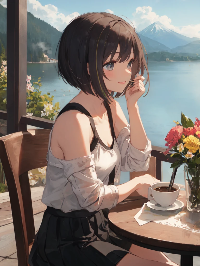 (looking-away:1.9),(masterpiece:1.2), (best quality),(ultra detailed),(extremely detailed),(absolutely resolution) ,absurdres,8k, 1girl-drinking-hot-coffee-in-cafeteria-outdoor,sitting-on-the-woody-chair, smile, cake, beautiful-landscape-background, mountain, shinny-lake, flowers,
BREAK, ultra detailed eyes, bobcut, (gradation hair:1.3), tanktops, skirt,