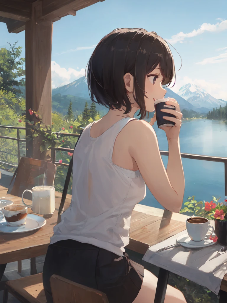 (looking-away:1.9),(masterpiece:1.2), (best quality),(ultra detailed),(extremely detailed),(absolutely resolution) ,absurdres,8k, 1girl-drinking-hot-coffee-in-cafeteria-outdoor,sitting-on-the-woody-chair, smile, cake, beautiful-landscape-background, mountain, shinny-lake, flowers,
BREAK, ultra detailed eyes, bobcut, (gradation hair:1.3), tanktops, skirt,