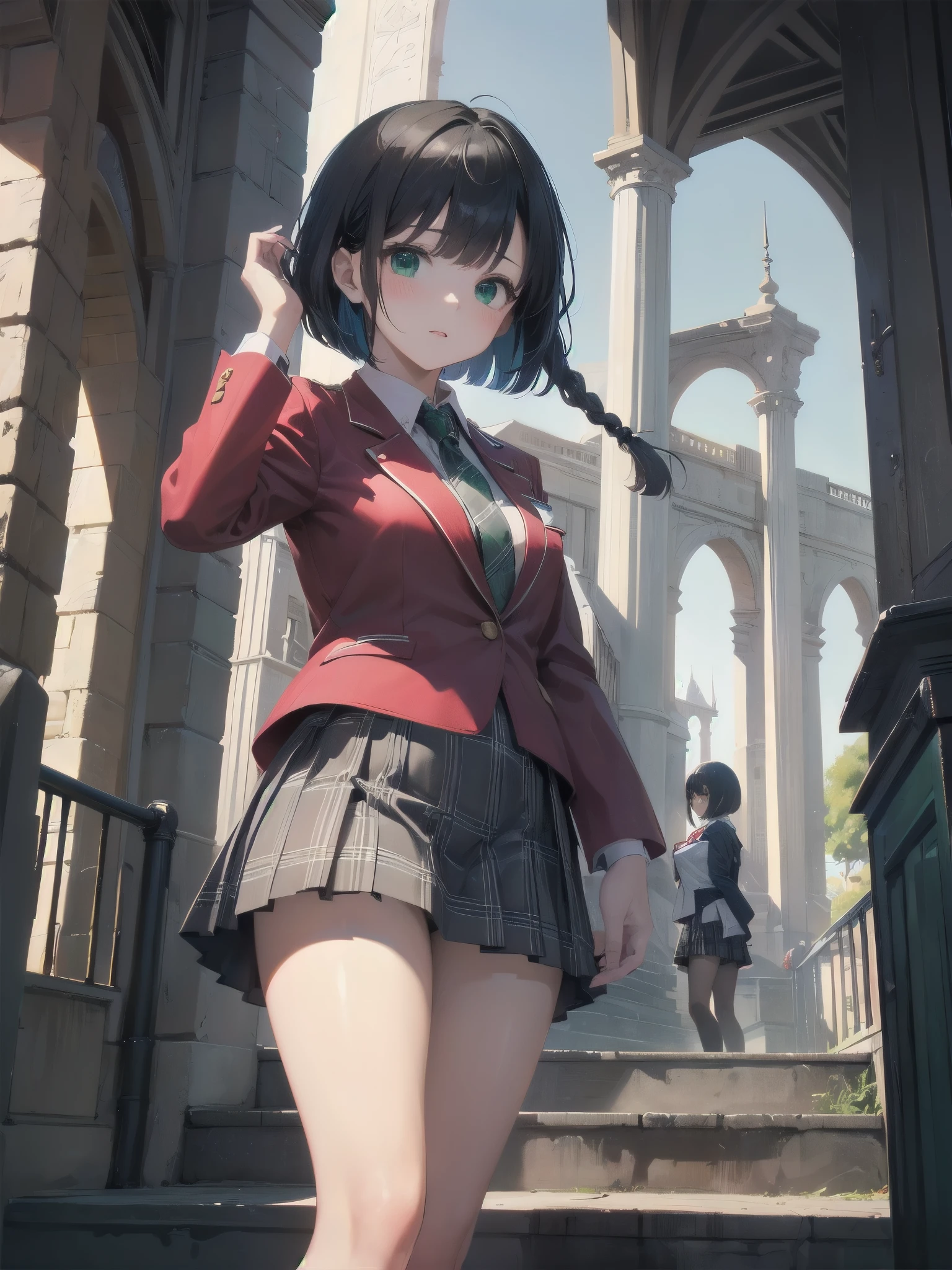 Top-High quality、Highest quality、masterpiece、High Contrast、Colorful、Elegance、Sexy expression、high school girl、Beauty、Bob cut braids、uniform、(red blazer)、Ribbon tie、(Green and gray plaid skirt)、(black tightovie-like shadows、fine shading、cute、Truly unbelievably cute absurd、outside、School trip、national treasures、Traditional buildings、blue sky