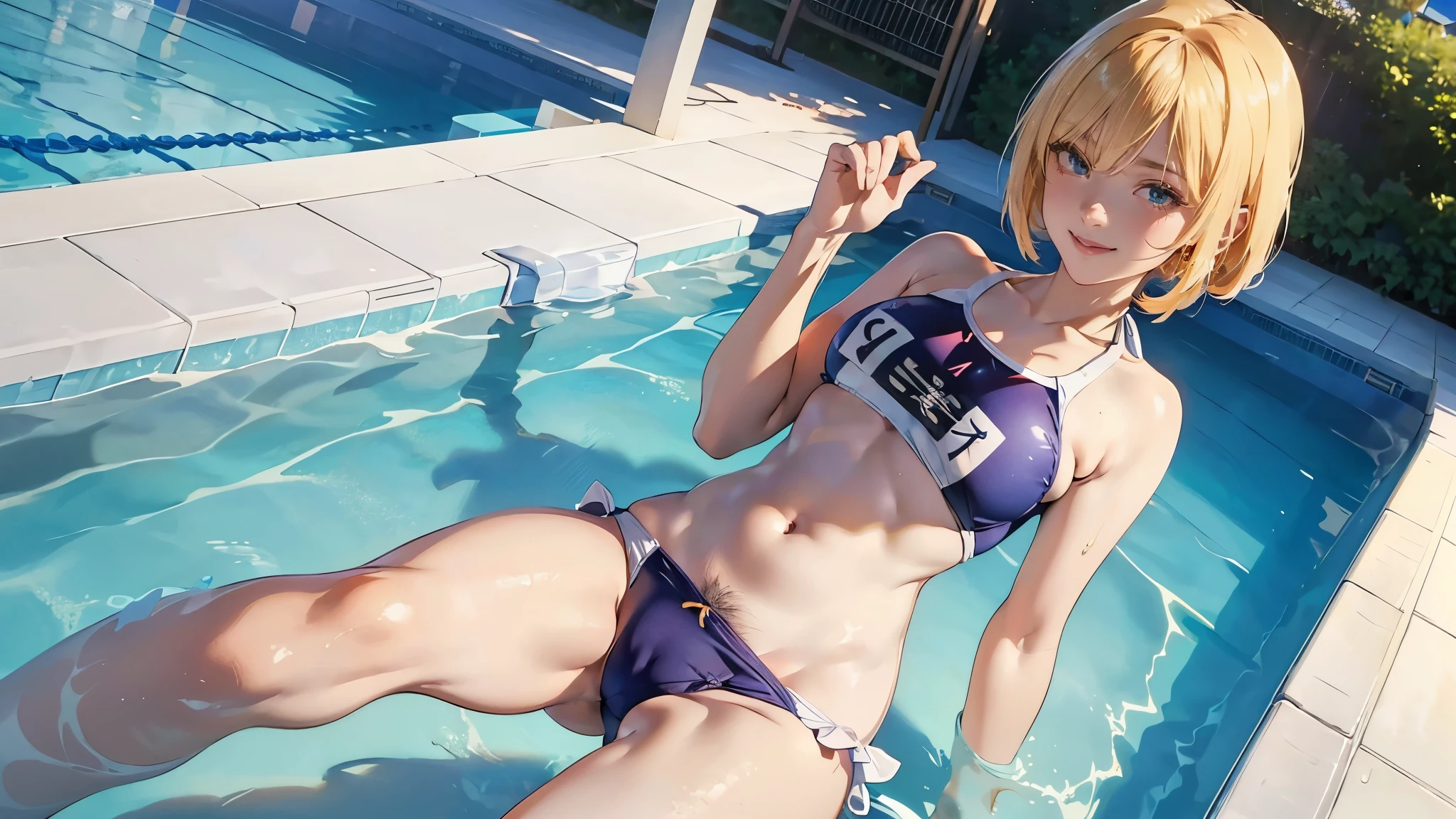 (RAW photo:1.2, photorealistic:1.3), masterpiece:1.4, best quality:1.3, Highest details:1.3, beautiful and aesthetic, extremely detailed CG unity 8k wallpaper,( vibrant colors:1.1), high resolution, (thin white school swimwear:1.5), one-piece swimwear, anime visual of a cute girl, official character art, anime girl, official art, single character full body, anime full body illustration, full body portrait of a short!, female anime character, as an anime character, a-1 pictures, full body with costume, rei hiroe, anime best girl, blond bob hair, on the midday outdoor poolside, dynamic pose, (cameltoe:1.2), smile, (protruding thin pubic hair:1.5)