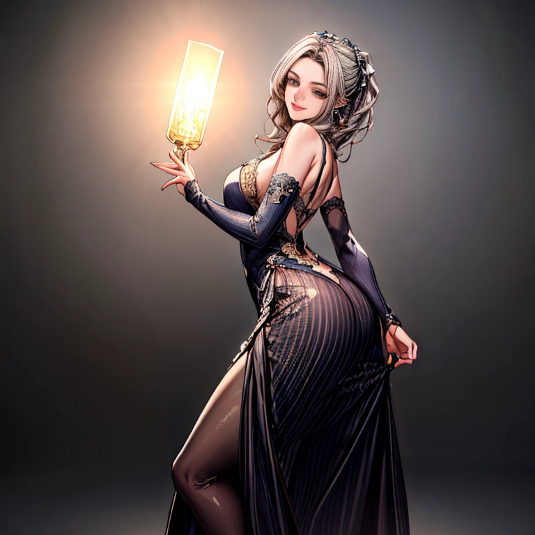 (highest quality,8k,masterpiece:1.2), Please draw it realistically like a real photo.。Very detailed,1 girl,Beautiful fine details,Beautiful and detailed mouth,Very detailed顔と表情,Beautiful eyelashes、,Grey and two-tone,She was wearing a dress and a long skirt.,A kind smile、Three-dimensional figures,Surrounded by dramatic lighting、Has a rich expressiveness。Her ass is very attractive、It attracts the viewer.、It's a big, A round butt with a defined butt shape.。The work is、(highest quality,4K,8k,High resolution,masterpiece:1.2),Very detailed、The screen background is Very detailed、Caustics with detailed background、Create beautiful portraits。このThe work is、Use vibrant shades for your colors、Beautiful lighting enhances the overall atmosphere。Make her look stunning with a full body photoshoot。