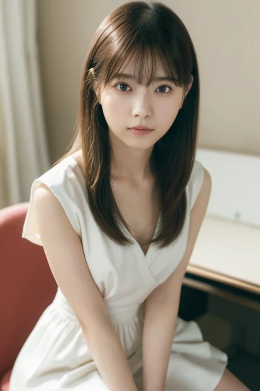 (A loose-fitting floral print dress(white:1.2), Tight micro mini skirt(Pale pale pale lavender:1.2)), ((highest quality, 16k, Super detailed、Ultra-high resolution、From head to thighs: 1.3, RAW Photos)), Sharp focus: 1.2, (1. AESPA Girl :1.1), (alone: 1.1), (Realistic, Realistic: 1.37), (Face Focus: 1.1), beautiful girl、Anatomically correct proportions、Cute face, Super detailedな顔, Long, messy hair, Updo,High Ponytail、Wide open chest、Small breasts、Flat Chest、A slight swelling、Voluptuous thighs、(Natural Makeup:1.1)、office、sitting on a chair、Operating a computer、