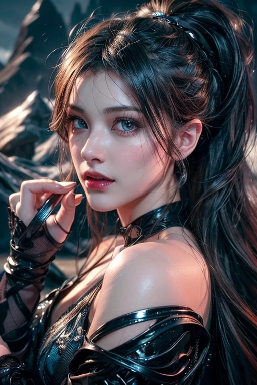 ((masterpiece, best quality)), ultra detailed 8k, photorealistic, sharp focus, highly detailed, professional lighting , shadowmancer, photo of a woman, ink particle, ((swirling black ink floating around)), futuristic fantasy, futuristic white dress, dynamic pose, realistic, masterpiece, intricate details, detailed background, depth of field,