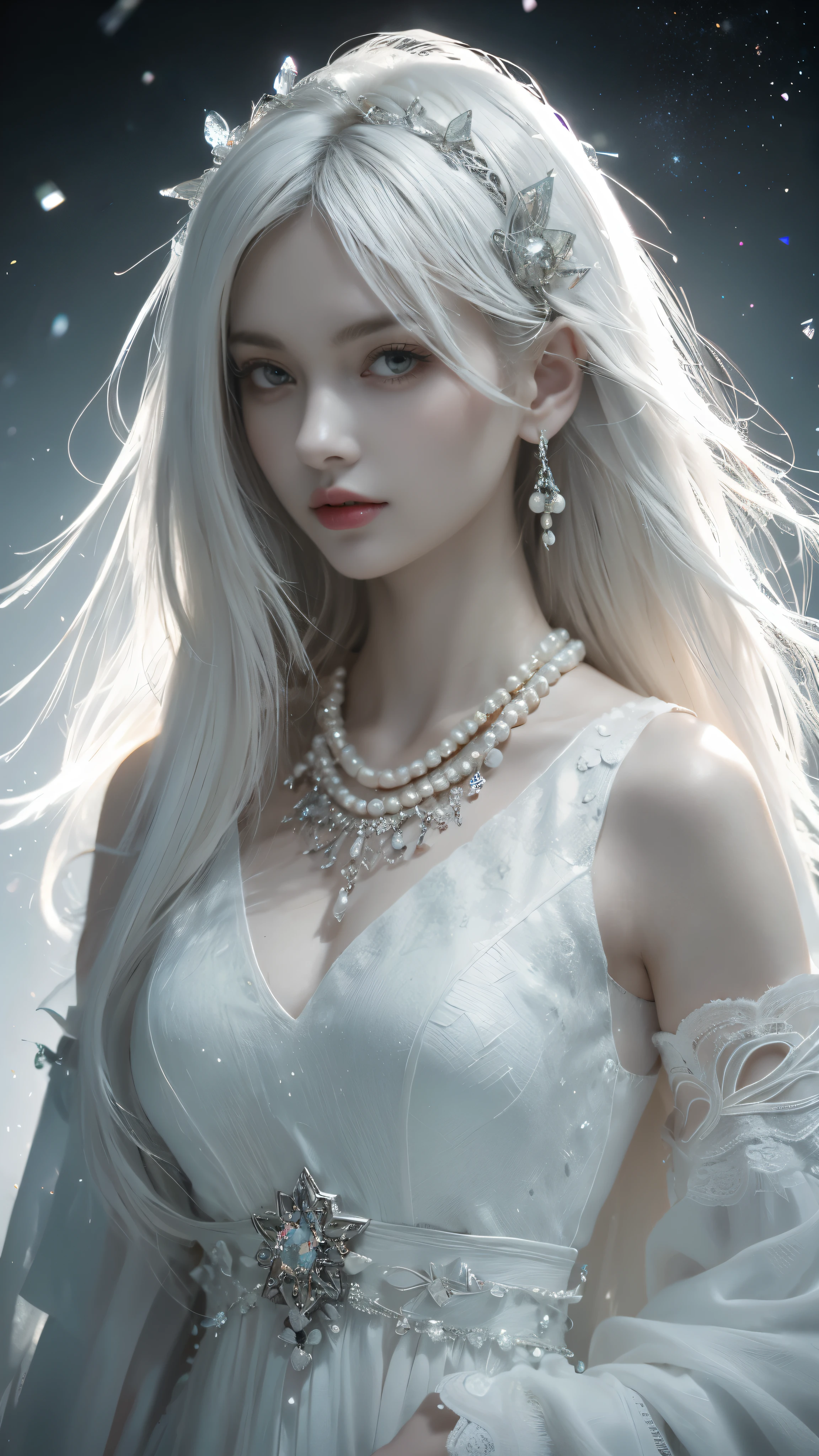 Extremely beautiful girl,Long white hair,Big bright eyes,fair and translucent skin,Red lips,Oval face,Ruddy complexion,Realistic and delicate facial features,crystal necklace,earrings,Exquisite hair accessories,White antique clothes,Rejoice smooth hair,Charming temperament,Extreme details,Realistic details,(masterpiece),(best quality),(Super exquisite),(illustration),(Extremely delicate and beautiful),(Dynamic Angle),Neon highlights,Personification,Crystal elements,(Intricate details)(Beautiful and refined eyes),Delicate face,Half-length close-up,Pearl decoration on the head,(cute),focus,(Fantasy wind),White fairy gauze clothes,(Intricate details),20 years old,Clamp style,Clear lines,Magic Effects,high resolution