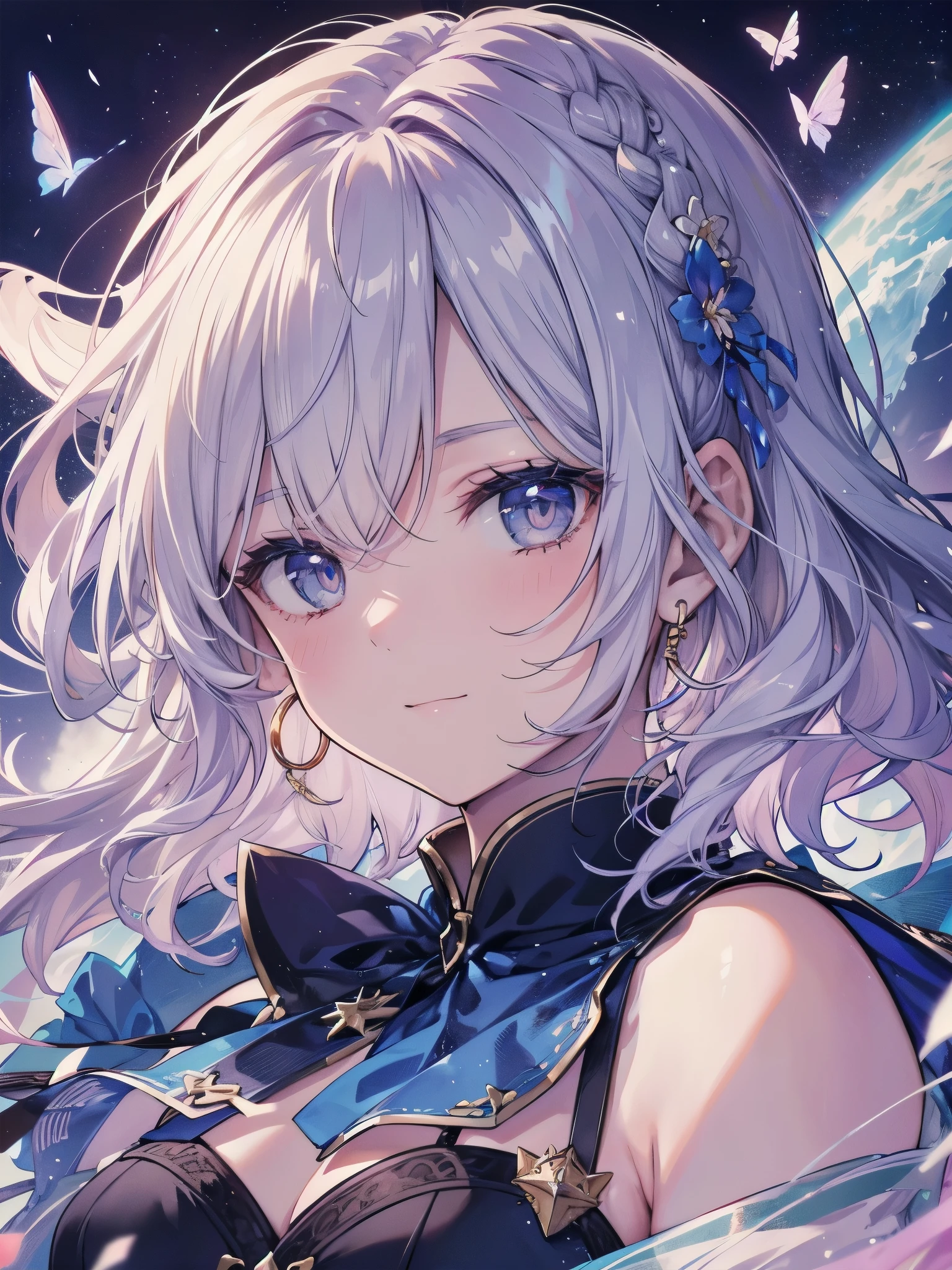Masterpiece, Top Quality, High Resolution, Super Dimensional Face, Cute Eyes, Very Beautiful Girl in Long Blue Dress Anime Character, One Beautiful Girl, Long Dress, Solo, Blue Dress, (Bob-cut Hair:1.1), Amber Eyes, Gazing, Blonde Hair, ((Hair Fluttering in Wind)), , Medium Chest, Hoop Earrings, Fluttering hair, Night sky, Meteor shower, Fantastic, Phantom moon, Light smile, Dynamic, Fantasy, Otherworldly, Mysterious place