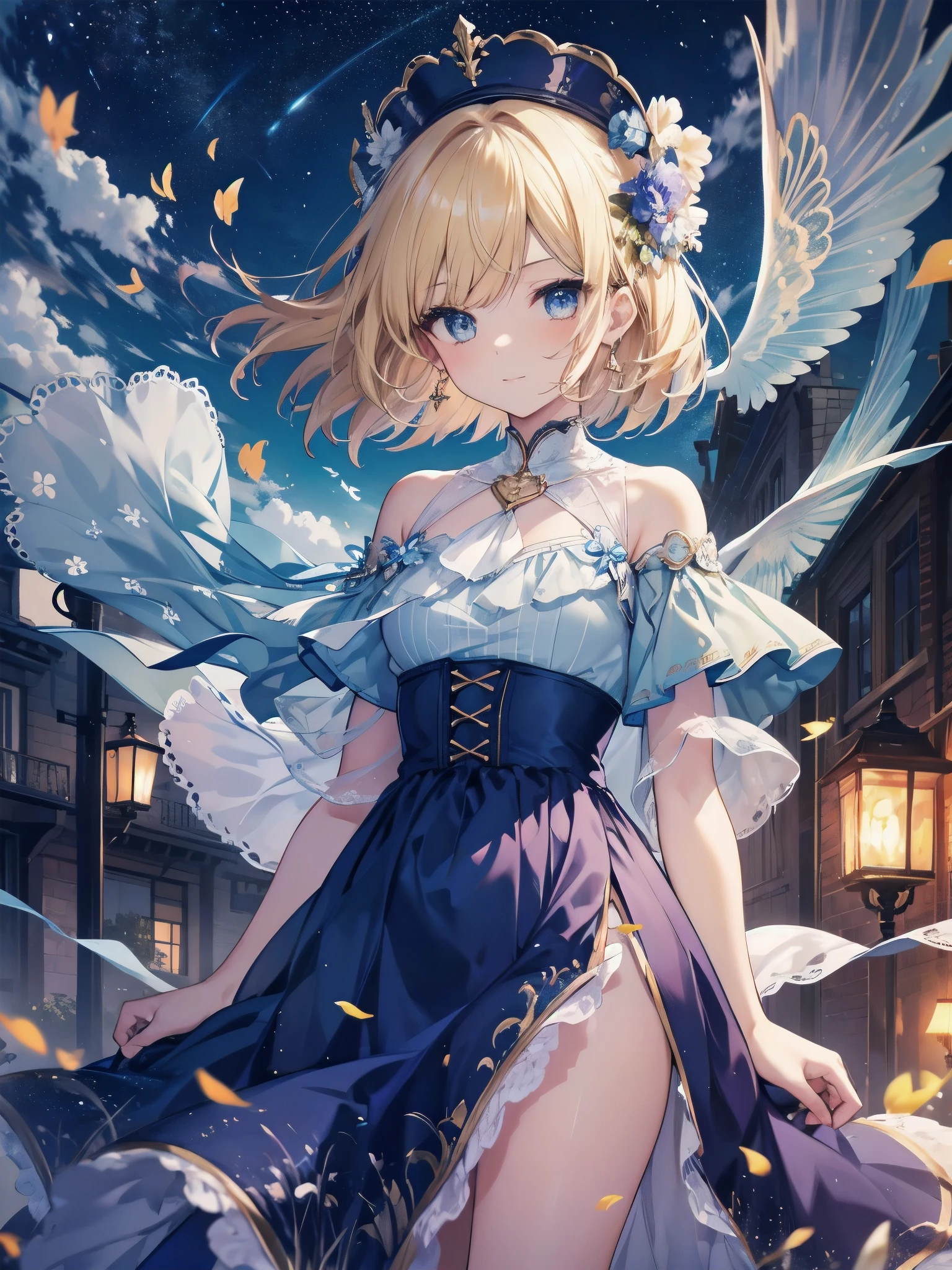 Masterpiece, Top Quality, High Resolution, Super Dimensional Face, Cute Eyes, Very Beautiful Girl in Long Blue Dress Anime Character, One Beautiful Girl, Long Dress, Solo, Blue Dress, (Bob-cut Hair:1.1), Amber Eyes, Gazing, Blonde Hair, ((Hair Fluttering in Wind)), , Medium Chest, Hoop Earrings, Fluttering hair, Night sky, Meteor shower, Fantastic, Phantom moon, Light smile, Dynamic, Fantasy, Otherworldly, Mysterious place