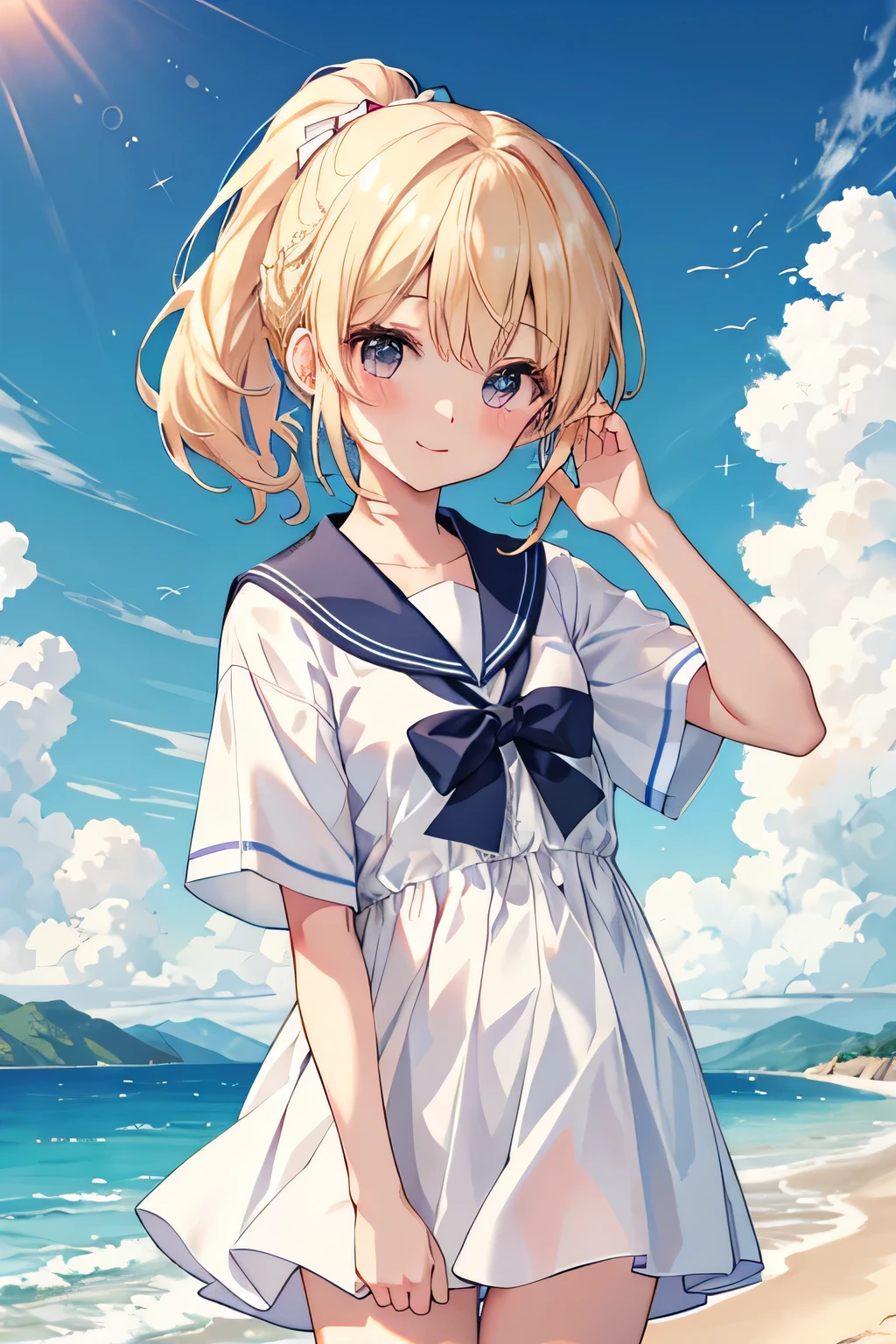 ((highest quality)), ((masterpiece)), (detailed), Perfect Face、Seaside、stroll、summer sailor suit、blonde、Smooth Hair、Up ponytail、turn around、Wind、smile、blush、