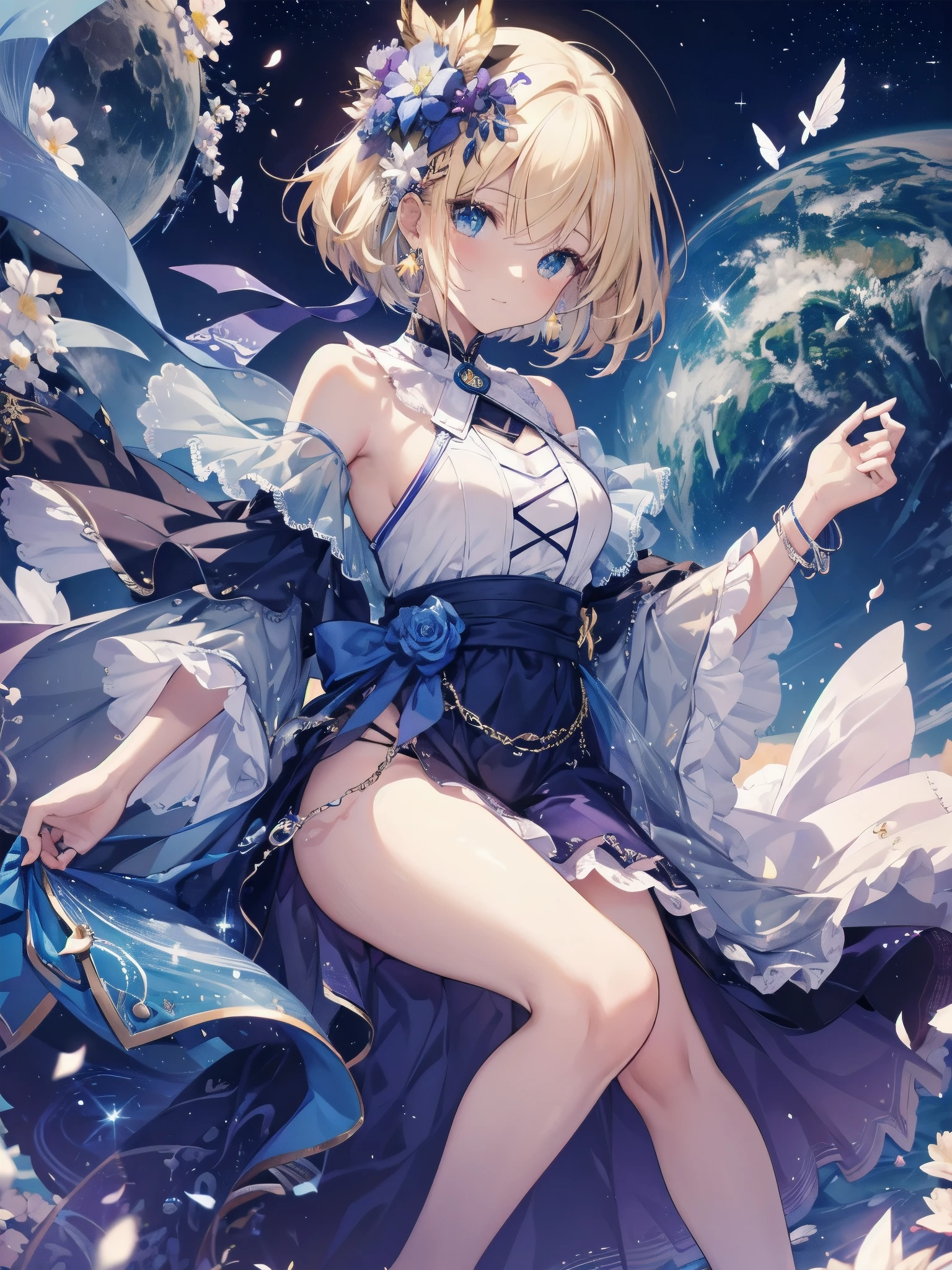 Masterpiece, Top Quality, High Resolution, Super Dimensional Face, Cute Eyes, Very Beautiful Girl in Long Blue Dress Anime Character, One Beautiful Girl, Long Dress, Solo, Blue Dress, (Bob-cut Hair:1.1), Amber Eyes, Gazing, Blonde Hair, ((Hair Fluttering in Wind)), , Medium Chest, Hoop Earrings, Fluttering hair, Night sky, Meteor shower, Fantastic, Phantom moon, Light smile, Dynamic, Fantasy, Otherworldly, Mysterious place
