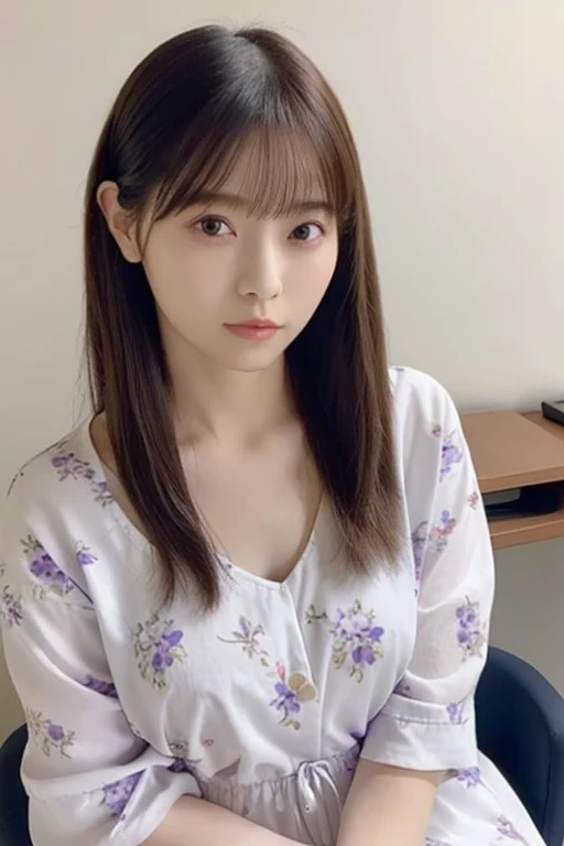 (A loose-fitting floral print dress(white:1.2), Tight micro mini skirt(lavender color:1.2)), ((highest quality, 16k, Super detailed、Ultra-high resolution、From head to thighs: 1.3, RAW Photos)), Sharp focus: 1.2, (1. AESPA Girl :1.1), (alone: 1.1), (Realistic, Realistic: 1.37), (Face Focus: 1.1), beautiful girl、Anatomically correct proportions、Cute face, Super detailedな顔, Long, messy hair, Updo,High Ponytail、Wide open chest、Small breasts、Flat Chest、A slight swelling、Voluptuous thighs、(Natural Makeup:1.1)、office、sitting on a chair、Operating a computer、