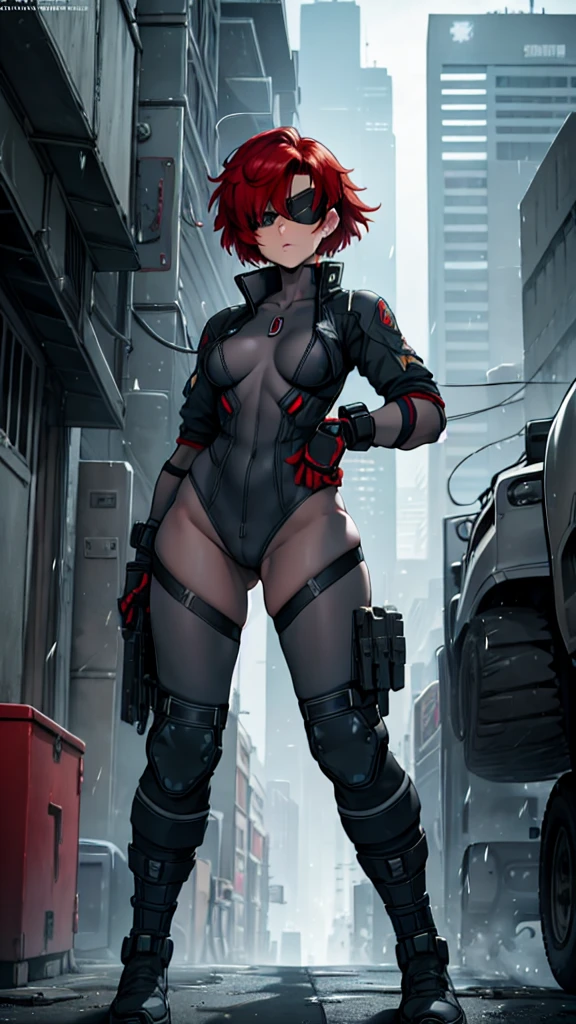 (masterpiece), best quality, expressive eymasterpiece, high-detail, sketch, dino crisis, [solo female], (aim pose, fight with raptor, holding mp5, holding weapons), black bodysuit, gray fabric layer under bodysuit, 30 year, bare shoulders, tactical fingerless glove, best quality, masterpiece, best quality, finely detail, beautiful detailed eyes, ultra detailed, extremely beautiful CG, super detailed skin, best quality, intricate, {{high quality}}, extra colors, 2D, megapixel, perfectionism, accent lighting, full HD, 4K, sukeban, sukeban deka, delinquent,) (1girl, full body, 1girl, solo female, mature female, full body, contrapposto, big boss metal gear, the boss metal gear, Escape from New York, akira, blade runner, die hard, metal gear solid v, snake plissken, rex power colt, Far Cry 3 Blood Dragon,) ( collarbone, red hair, red eyes, short hair, weird red hair, short red hair, evil smile, small_breasts, best quality, beautifully detailed face, ray tracing, DOF,HDR, smoking) (fingerless_gloves,  fully clothed, gloves, cigarette, jacket, eyepatch on one eyes, eyepatch on the left eyes, tactical gear, tactical uniform, camouflage bodysuit, sneaking_suit) gainax anime style, studio gainax art, studio gainax illustration,inspired by Masamune Shirow, studio gainax, by Masamune Shirow, beautiful charcter from evangelion (outdoors, (night:1.1), military base background, radio tower background, science fiction background, futuristque background , outdoor, akira city sky line background, official art, raining, rain, storm, science fiction military base background), perfect face, 