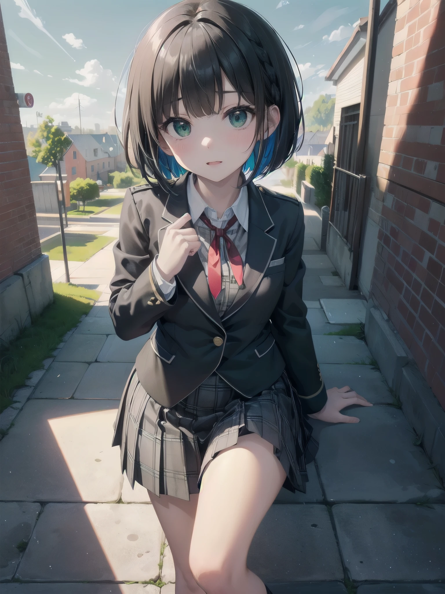 Top-High quality、Highest quality、masterpiece、High Contrast、Colorful、Elegance、Sexy expression、high school girl、Beauty、Bob cut braids、uniform、(red blazer)、Ribbon tie、(Green and gray plaid skirt)、(black tightovie-like shadows、fine shading、cute、Truly unbelievably cute absurd、outside、School trip、national treasures、Traditional buildings、blue sky