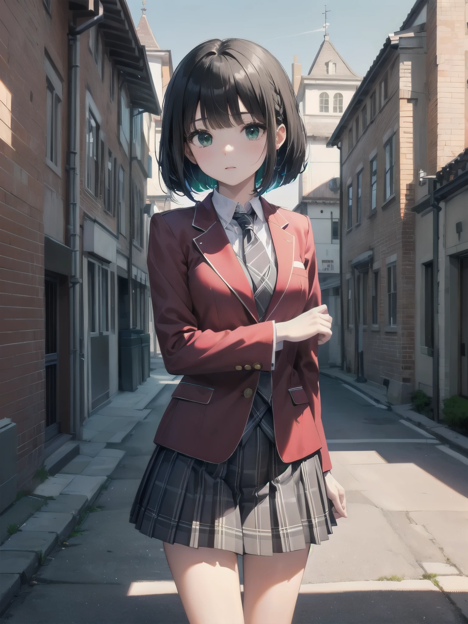 Top-High quality、Highest quality、masterpiece、High Contrast、Colorful、Elegance、Sexy expression、high school girl、Beauty、Bob cut braids、uniform、(red blazer)、Ribbon tie、(Green and gray plaid skirt)、(black tightovie-like shadows、fine shading、cute、Truly unbelievably cute absurd、outside、School trip、national treasures、Traditional buildings、blue sky
