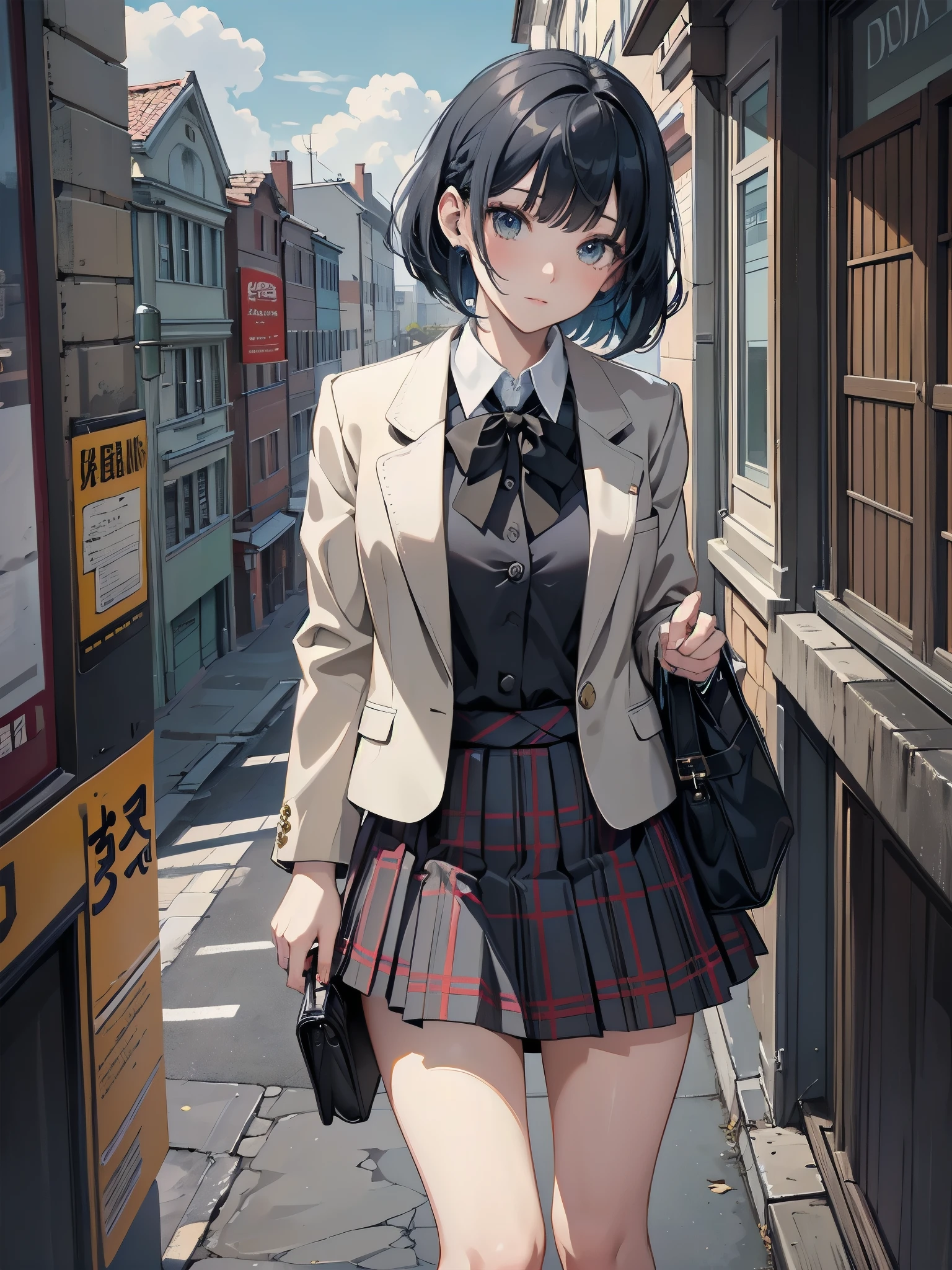 Top-High quality、Highest quality、masterpiece、High Contrast、Colorful、Elegance、Sexy expression、high school girl、Beauty、Bob cut braids、uniform、(red blazer)、Ribbon tie、(Green and gray plaid skirt)、(black tightovie-like shadows、fine shading、cute、Truly unbelievably cute absurd、outside、School trip、national treasures、Traditional buildings、blue sky