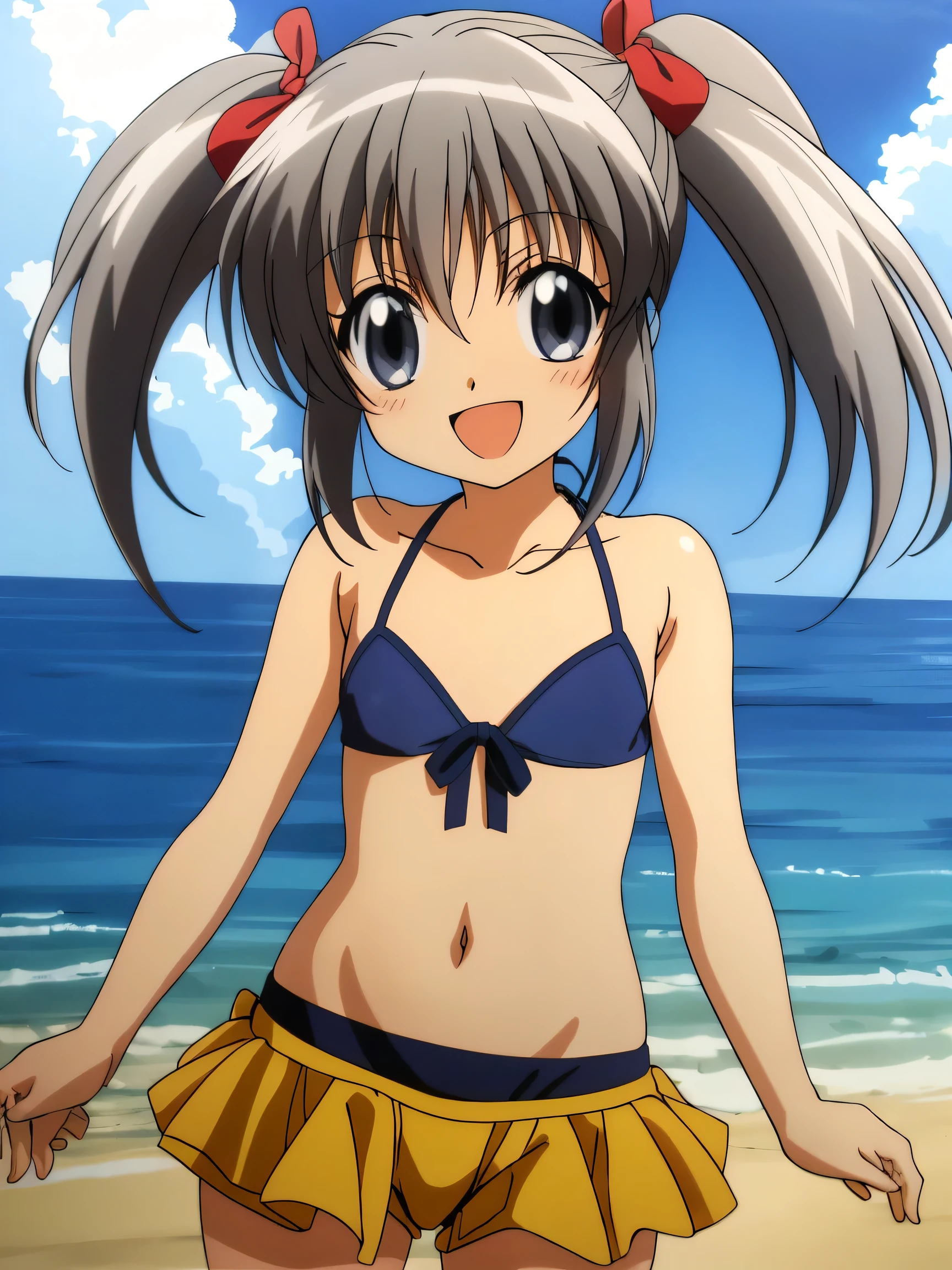 Silver Hair、Grey Eyes、Twin tails、、Flat Chest、Short、Micro Bikini、masterpiece、High resolution、highest quality、Detailed face、Anime Moe Art Style、abdomen、Belly button、Cowboy Shot、A big smile、Outdoor、healthy、Puffy nipples、anime best girl, cute anime girl、Beach、Groin