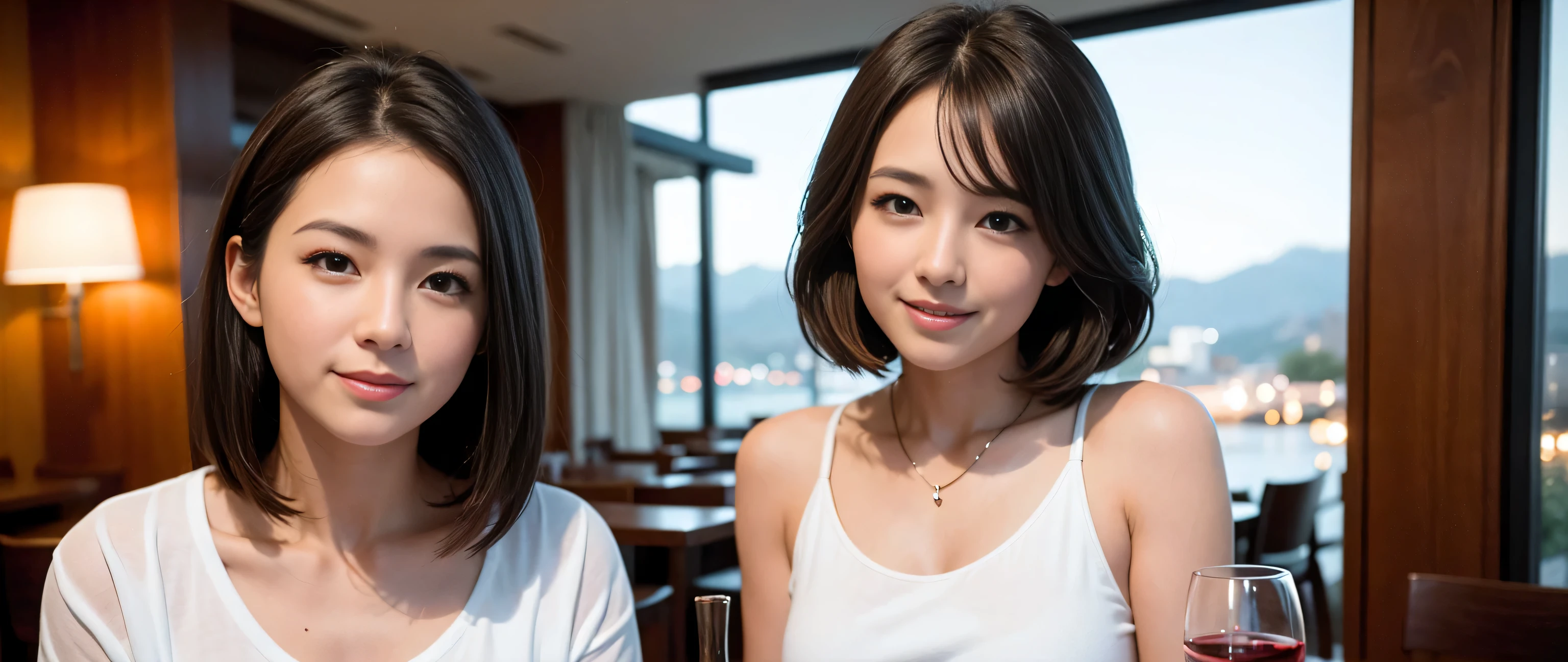 64k, UHD, highest quality, masterpiece: 1.2), (realistic, photorealistic: 1.37), Super detailed, There are many wine fans.、(slimな男女4名),(Wine party for 5 people)、(slimフェイス),Happy、 最高なsmile、Fox Face、Raccoon face、Berry Short、(because I'thin), (brown hair), (shortcut), long sleeve shirt、winter fashion、Colombia、Brazilian、Japanese、Dutch、German、Portuguese、Belgian、Italian、french,champagne、Sparkling wine、 (gush), (slimボティ), (brown hair), (shortcut), Neat beauty、cheeks blush a little, (35 years old), 38 years old, alone, A beautiful and detailed night view spreads out outside the window..., restaurant, wine glassが座っている, At night, in a prominent place (from the Upper body) nova frog style, actress, model, Upper body, White wine, slim, wine glass, very beautiful night view, wine glass Put in the Middle, Happy smile, (smile: 1.15),