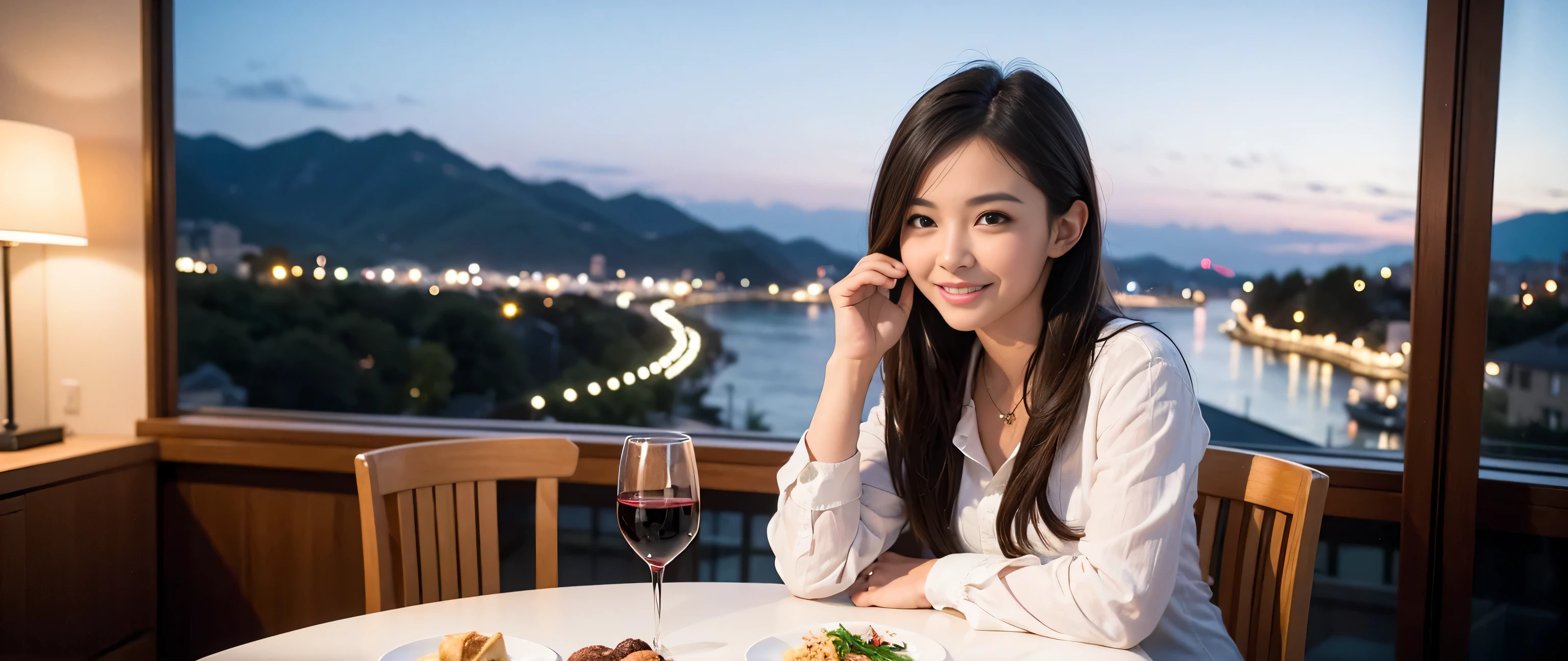 ((highest quality、8k、masterpiece:1.3))、Sharp focus:1.2、Beautiful woman perfect body:1.4、Slim body、((Bob Hale、Straight hair:1.2))、(to be born, highest quality, masterpiece:1.5), (Realistic, Intricate details:1.2), Ultra-high resolution, Spectacular view of the sunset sky and clouds、Amazing mountain views、A bright smile、A lovely woman with a smile、Bright image、2 wine Beauties, Beautiful Face, blue eyes, fine grain, Symmetrical eyes, The light shines on your face, Blushing your nose, short hair,that woman'Bright Face、Fox face、Lady、wine 、Appetizer、Italian food、Two beauties、brown hair、Shortcuts、Long sleeve shirt、Winter Fashion、dress、wine bottle、Appetizer、Champagne、Sparkling wine、Pretty Woman 1, (slim face), (The body is slim), (brown hair), (Shortcuts), cheeks turn a little red, (Age 37), 39 years old, charming beauty、, Out of the window, A beautiful and detailed night view unfolds.........., restaurant, In a prominent place (From the waist up) Nova Frog Style, actress, model, Upper Body, White wine, slim, Wine Glass, 真ん中に置かれたWine Glass, smile, (smile: 1.15), Beautiful fine grain, Depth f/2,saturation, High Contrast, Strong light and shadow,Moist Body:1.5、3D texture、Delicate eyes、brown hair、The hair is very shiny、