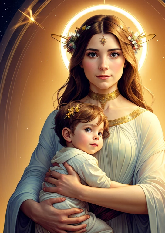 masterpiece, woman and , holy virgin mary with in her arms, ((halo over head)), smiling, heavenly sky, half body, ((divine light)), ethereal, clouds, back lighting, realistic portrait, symmetrical, strong, intricate drawing, highly detailed, digital painting, art station, concept art, fluid, sharp focus, illustration, against heaven's gate, cinematic lighting, works by artgerm and greg rutkowski and alphonse mucha reusk in lettering caligraffiti
