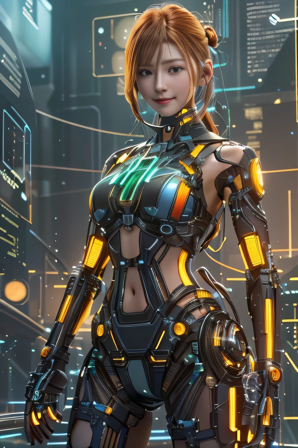 Glowing cyber girl with cybernetic arm,(See-through costume:1.3, )Stand on the post-apocalyptic battlefield.Surrounded by a network of wires. surrounded by circuits. (Cyber girl with a submachine gun:1.3), Shiny light brown and orange striped short hair,Cute Smile,Perfect round face,A bright smile that makes everyone happy,Proper body balance,Tabletop,Ultra-high quality output images,High resolution,Intricate details,Very delicate and beautiful hair,Photo realistic,dream-like,Professional Lighting,Realistic Shadows,Focus Only,Beautiful Hands,Beautiful fingers,Detailed characteristics of the fingers,Detailed garment features,Detailed hair features,Detailed facial features,