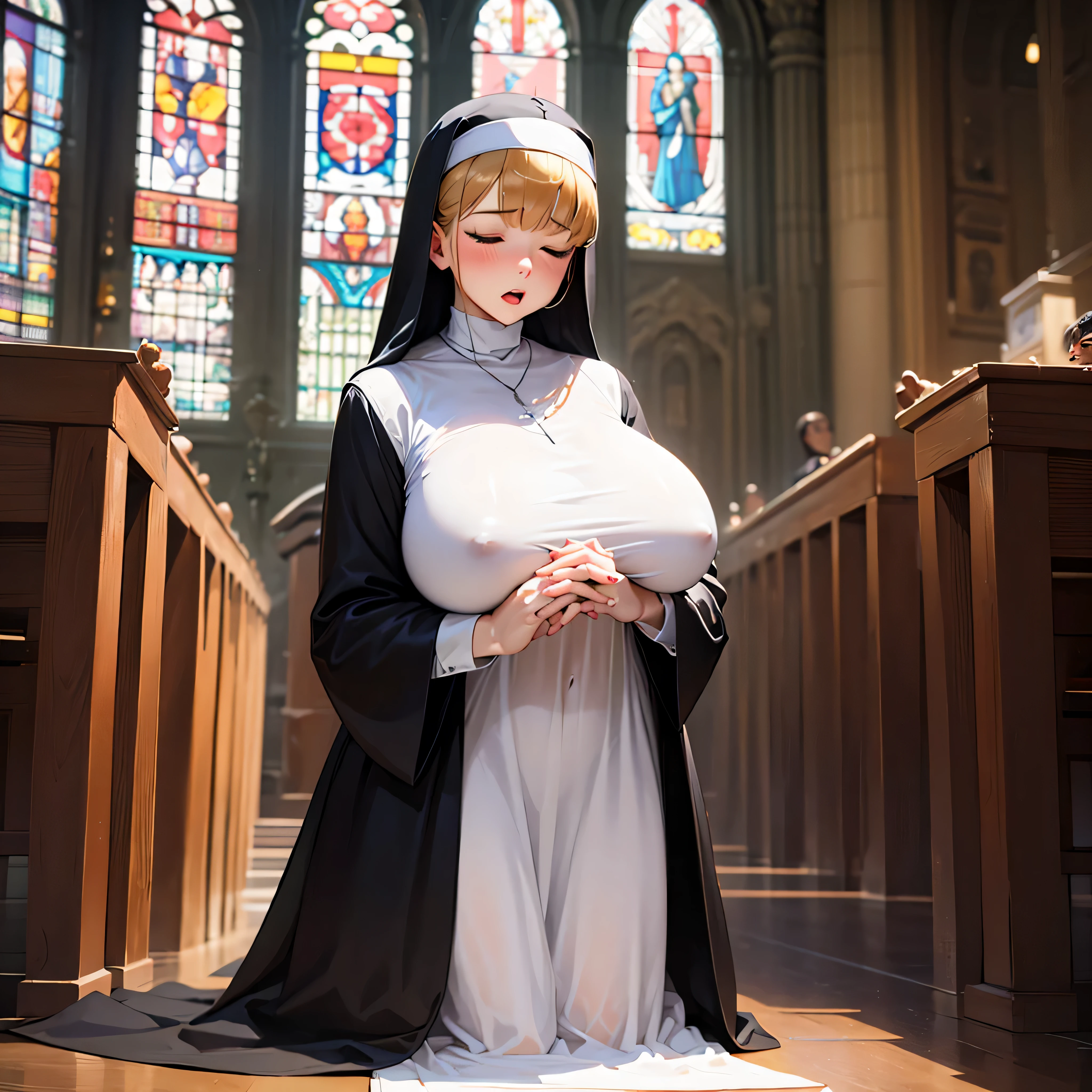 (solo:1.2), (1 praying skinny cute nun:1.3) standing in church, swinging back, (praying with holding hands together over chest:1.2), (tight sheer long black robe:1.6), (disproportionately gigantic breasts:1.3), (bursting perky breasts:1.3), (inconceivably narrow waist), too short torso, skinny long legs, closing eyes, nose blush, open mouth, (heavy breathing:1.3), stained glass in distance, full body, 8k, ultra-detailed, masterpiece, beautiful detailed hair, orgasm