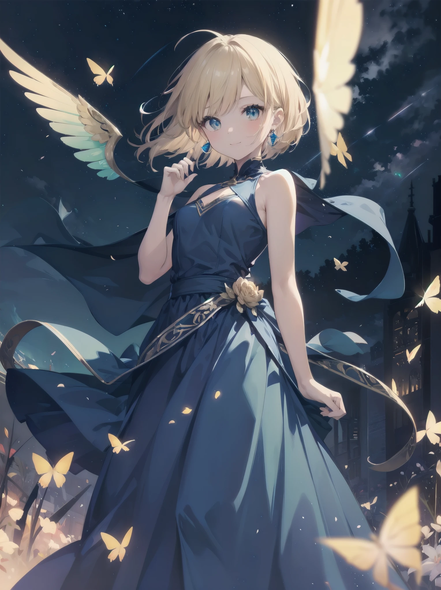 Masterpiece, Top Quality, High Resolution, Super Dimensional Face, Cute Eyes, Very Beautiful Girl in Long Blue Dress Anime Character, One Beautiful Girl, Long Dress, Solo, Blue Dress, (Bob-cut Hair:1.1), Amber Eyes, Gazing, Blonde Hair, ((Hair Fluttering in Wind)), , Medium Chest, Hoop Earrings, Fluttering hair, Night sky, Meteor shower, Fantastic, Phantom moon, Light smile, Dynamic, Fantasy, Otherworldly, Mysterious place