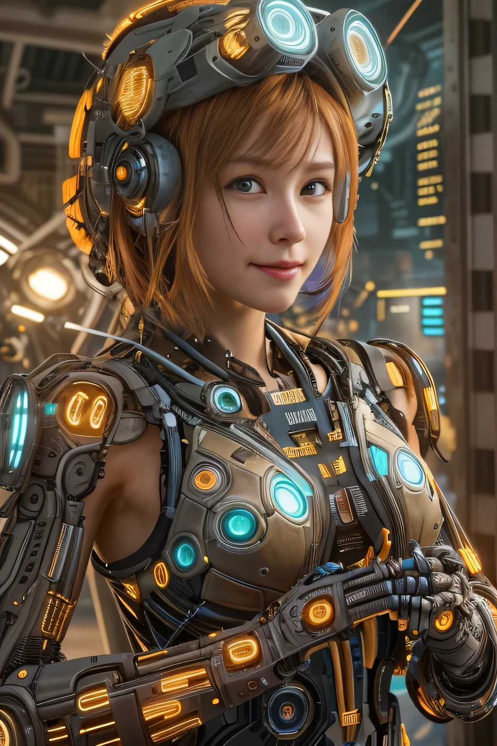 Glowing cyber girl with cybernetic arm,(See-through costume:1.3, )Stand on the post-apocalyptic battlefield.Surrounded by a network of wires. surrounded by circuits. (Cyber girl with a submachine gun:1.3), Shiny light brown and orange striped short hair,Cute Smile,Perfect round face,A bright smile that makes everyone happy,Proper body balance,Tabletop,Ultra-high quality output images,High resolution,Intricate details,Very delicate and beautiful hair,Photo realistic,dream-like,Professional Lighting,Realistic Shadows,Focus Only,Beautiful Hands,Beautiful fingers,Detailed characteristics of the fingers,Detailed garment features,Detailed hair features,Detailed facial features,