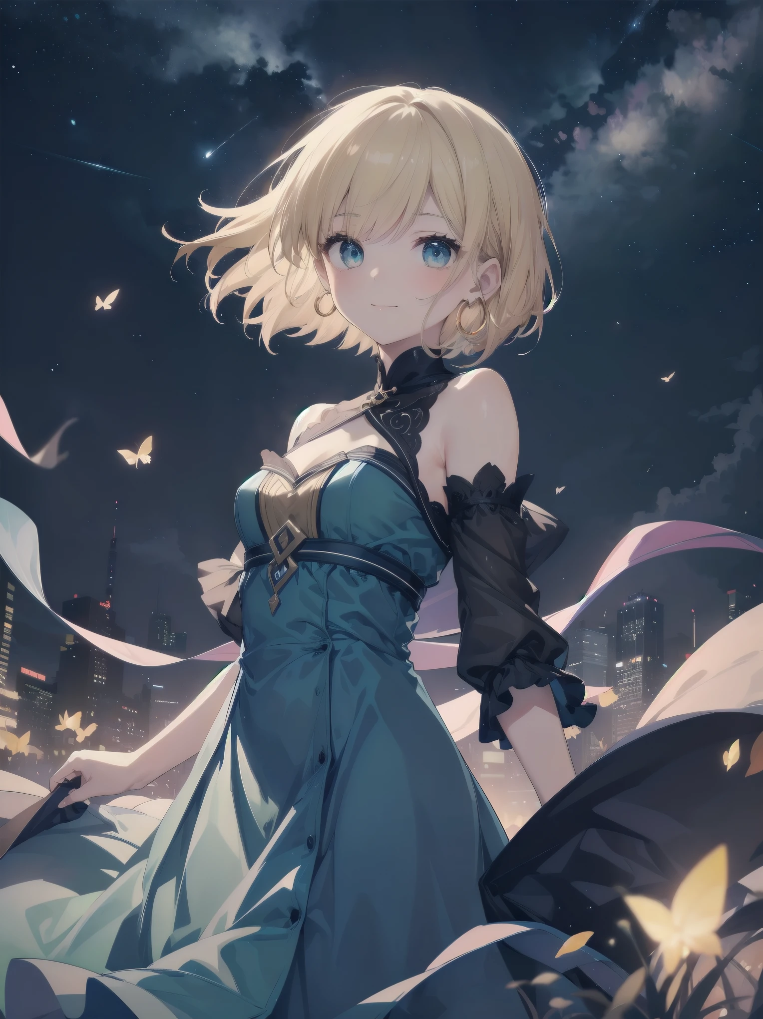 Masterpiece, Top Quality, High Resolution, Super Dimensional Face, Cute Eyes, Very Beautiful Girl in Long Blue Dress Anime Character, One Beautiful Girl, Long Dress, Solo, Blue Dress, (Bob-cut Hair:1.1), Amber Eyes, Gazing, Blonde Hair, ((Hair Fluttering in Wind)), , Medium Chest, Hoop Earrings, Fluttering hair, Night sky, Meteor shower, Fantastic, Phantom moon, Light smile, Dynamic, Fantasy, Otherworldly, Mysterious place
