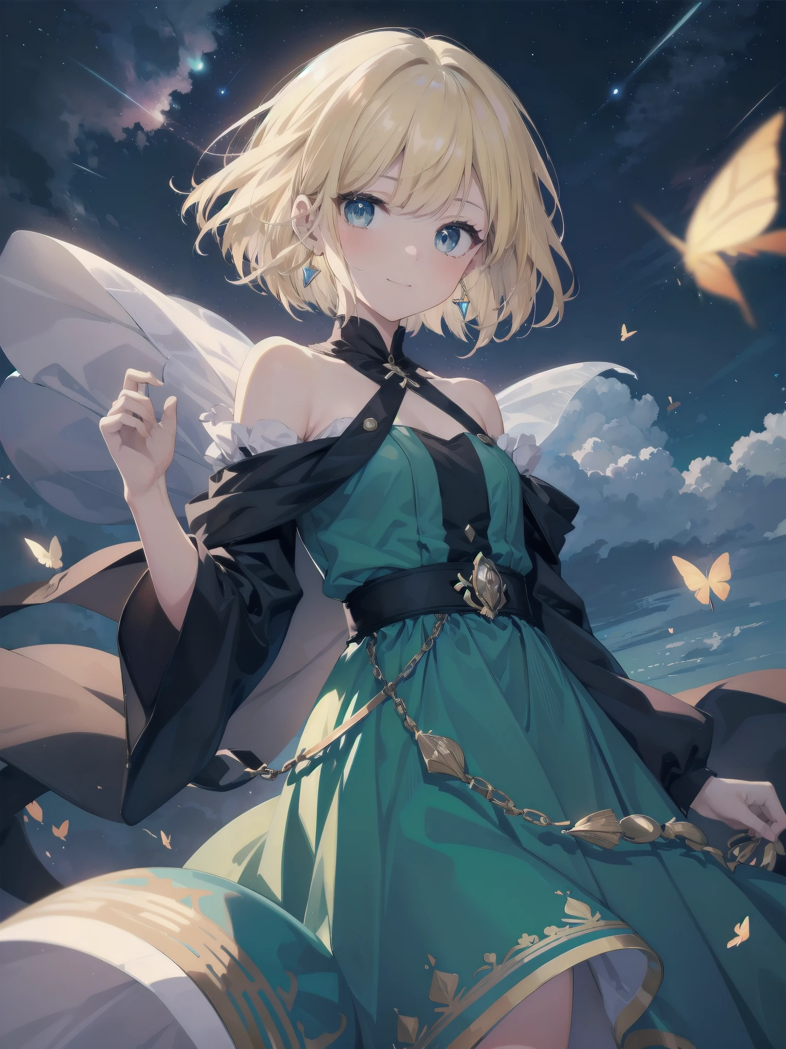Masterpiece, Top Quality, High Resolution, Super Dimensional Face, Cute Eyes, Very Beautiful Girl in Long Blue Dress Anime Character, One Beautiful Girl, Long Dress, Solo, Blue Dress, (Bob-cut Hair:1.1), Amber Eyes, Gazing, Blonde Hair, ((Hair Fluttering in Wind)), , Medium Chest, Hoop Earrings, Fluttering hair, Night sky, Meteor shower, Fantastic, Phantom moon, Light smile, Dynamic, Fantasy, Otherworldly, Mysterious place
