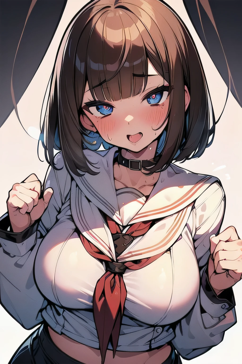 (best quality), (Super detailed), (Best Illustration), (1woman), (Ahegao:1.2), look at viewer, (white serafuku), (large breasts), {brown hair, (bob cut:1.2), curly hair, hairs between eyes}, {(detailed eyes), heart-shaped pupils, blue eyes}, sweat, steam,