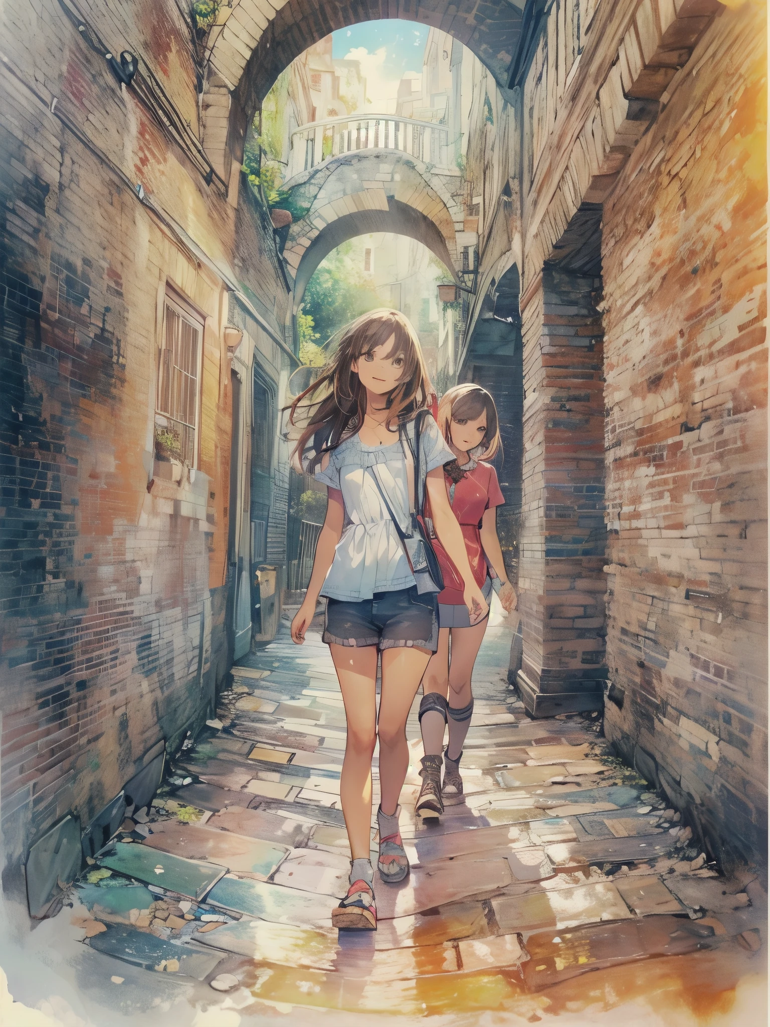 Two beautiful girls, a wonderful day, exploring an underground labyrinth, dark and spooky creatures,
Contracts, magic, solemnity, enchanting smiles, colorful, saturated,
departure, joy, anticipation.
Cape, strong winds, hurricane, super ruins,
Art, memorable masterpiece, historical moment,
Departure, seeing off, joy, anticipation, working, looking at the viewer, crowd
Watercolor: 1.3, Delicate, Detail, (Saturation: 1.2), Sharp Focus, Focus on Face,
(Masterpiece:1.2),(Best Quality:1.2),Latest, Fine details, AI generated,