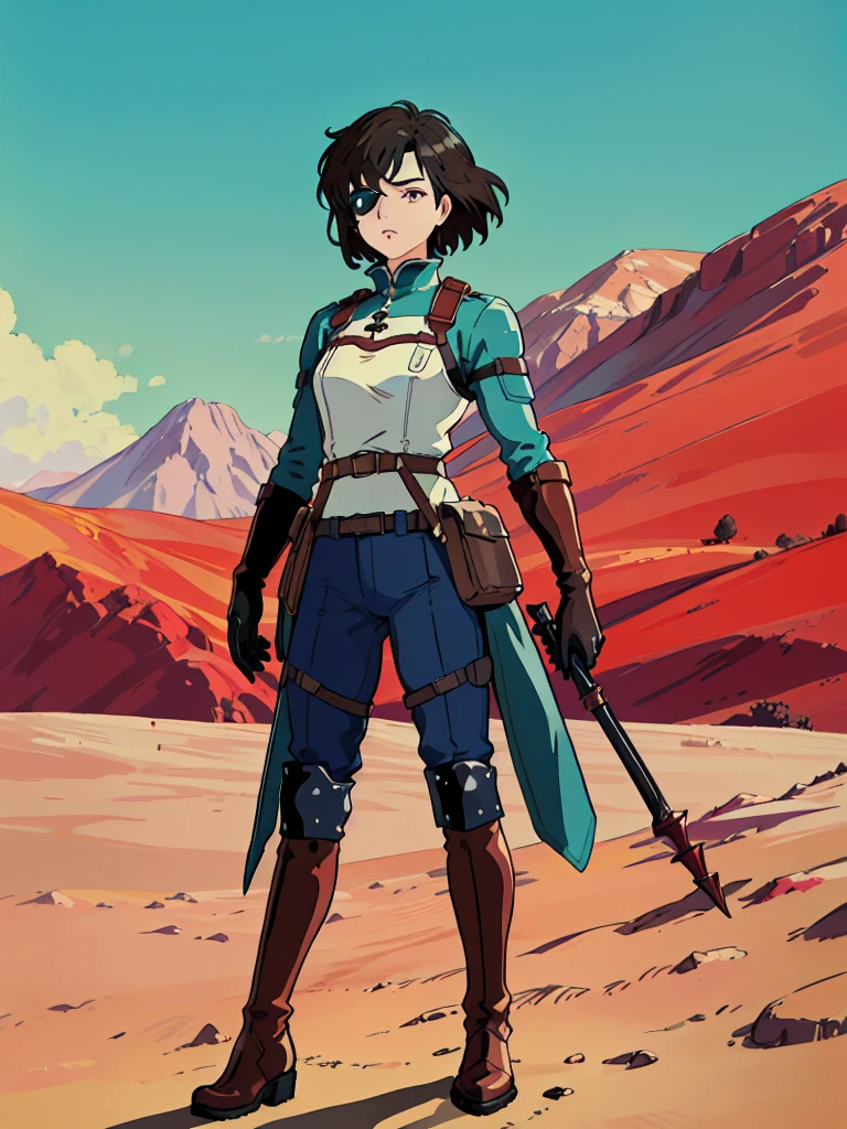 masterpiece, best quality, high quality, absurdres, illustration, film grain, chromatic aberration, dramatic lighting, (high resolution,masterpiece, ultra best quality, insanely amazing hyper fine extremely detailed, official:1.4) (solo girl, female),(eye patch on left eyes ),((solo girl)), (( wanderer outfit )),((short silver hair ))++++, dynamique pose, full body, look at viewer, front pose, break, in the style of a 80's movie and japan animation,((dune, nausicaä of the valley of the wind, trigun, akira),(masterpiece:1.5, best quality:1.5),(red sand desert), (red desert landscape), ruine in backgournd, amazing, beautiful detailed, extremely detailed wallpaper, extremely detailed CG unity 8k wallpaper, extremely delicate and beautiful, finely detailed, extremely detailed wallpaper, official art, detailed background, beautiful detailed shadow: 1.5, cinematic lighting, backlight), female focus, eye patch, single earring, scars, tunic, high collar, thorn coat, elbow pad, black gloves, black pants, belts, knee pads, black boots, revolver, tactical gear, ghibli style
