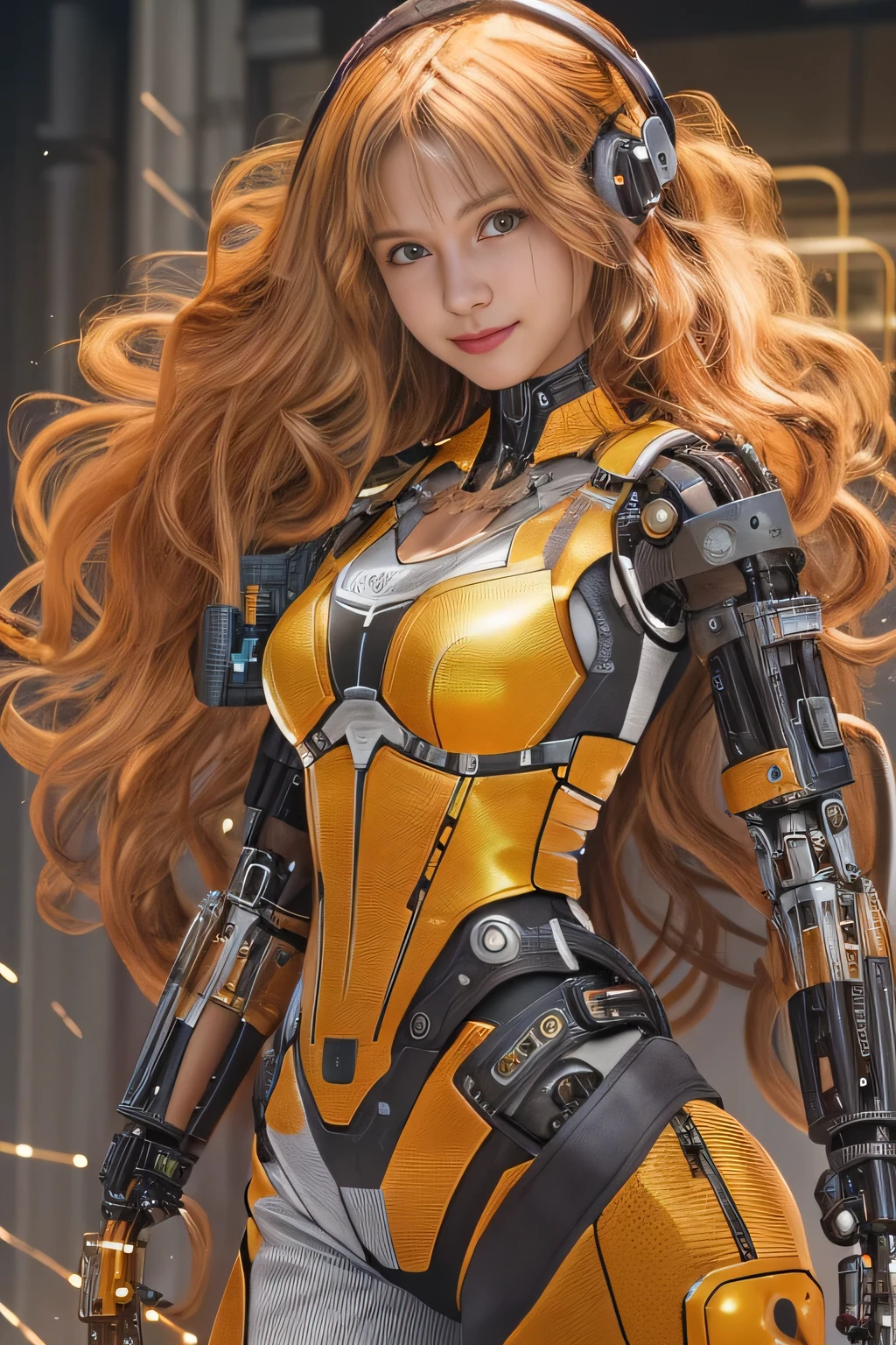 Glowing cyber girl with cybernetic arm,(See-through costume:1.3, )Stand on the post-apocalyptic battlefield.Surrounded by a network of wires. surrounded by circuits. (Cyber girl with a submachine gun:1.3), Shiny light brown and orange striped short hair,Cute Smile,Perfect round face,A bright smile that makes everyone happy,Proper body balance,Tabletop,Ultra-high quality output images,High resolution,Intricate details,Very delicate and beautiful hair,Photo realistic,dream-like,Professional Lighting,Realistic Shadows,Focus Only,Beautiful Hands,Beautiful fingers,Detailed characteristics of the fingers,Detailed garment features,Detailed hair features,Detailed facial features,