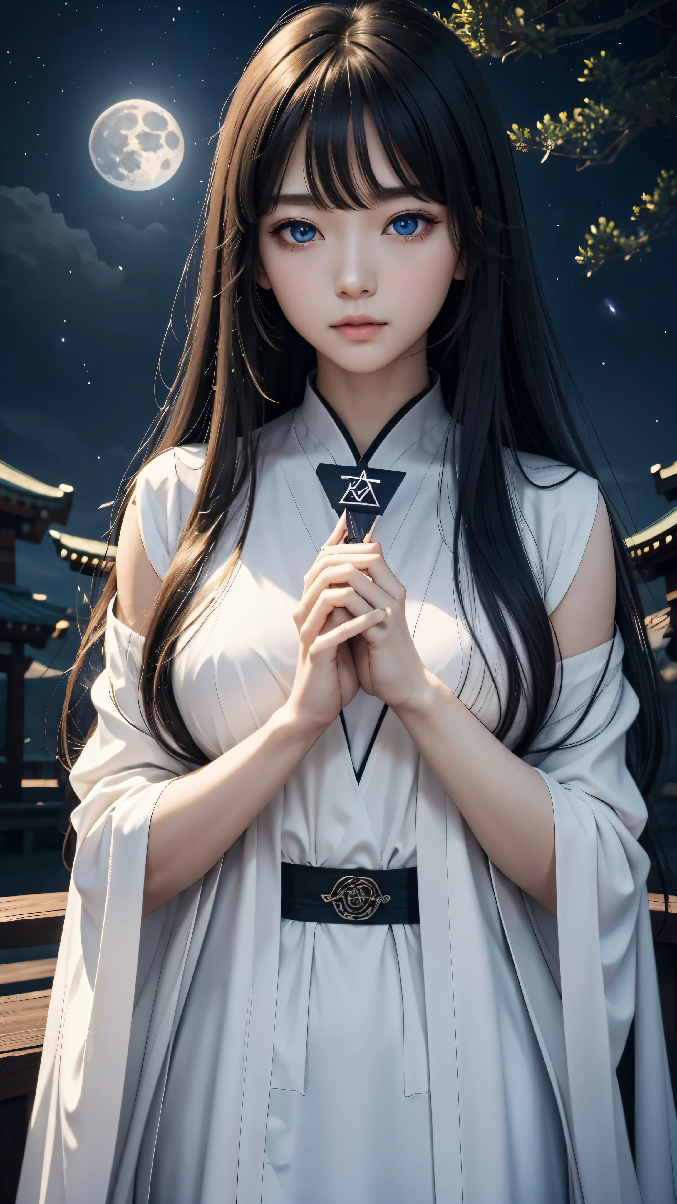 8K、Ultra HD、anime、(A very beautiful female character with perfect eyes and nose)、((Beautiful clear blue eyes))、Beautiful long hair、Messy bangs、Depiction of the upper body、(((Pose of praying with hands together at chest level while looking at the camera)))、((Wearing a shining white outfit))、(I'm doing rune fortune telling)、Mysterious Space、((Hexagram))、((Facing forward))、(((I'm looking here)))、A beautiful full moon can be seen in the night sky、