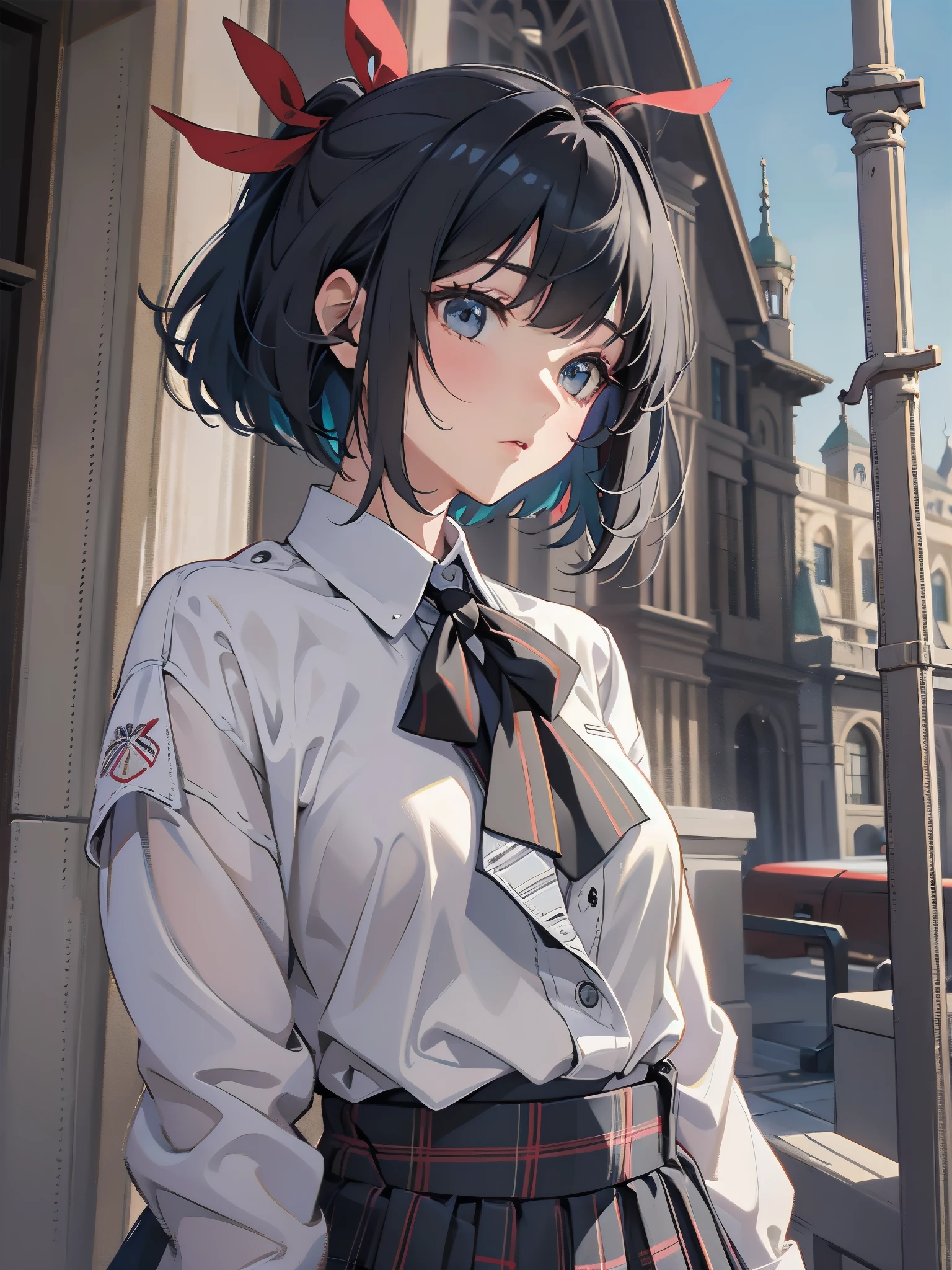 Top-High quality、Highest quality、masterpiece、High Contrast、Colorful、Elegance、Sexy expression、high school girl、Beauty、Bob cut braids、uniform、(red blazer)、Ribbon tie、(Green and gray plaid skirt)、(black tightovie-like shadows、fine shading、cute、Truly unbelievably cute absurd、outside、School trip、national treasures、Traditional buildings、blue sky