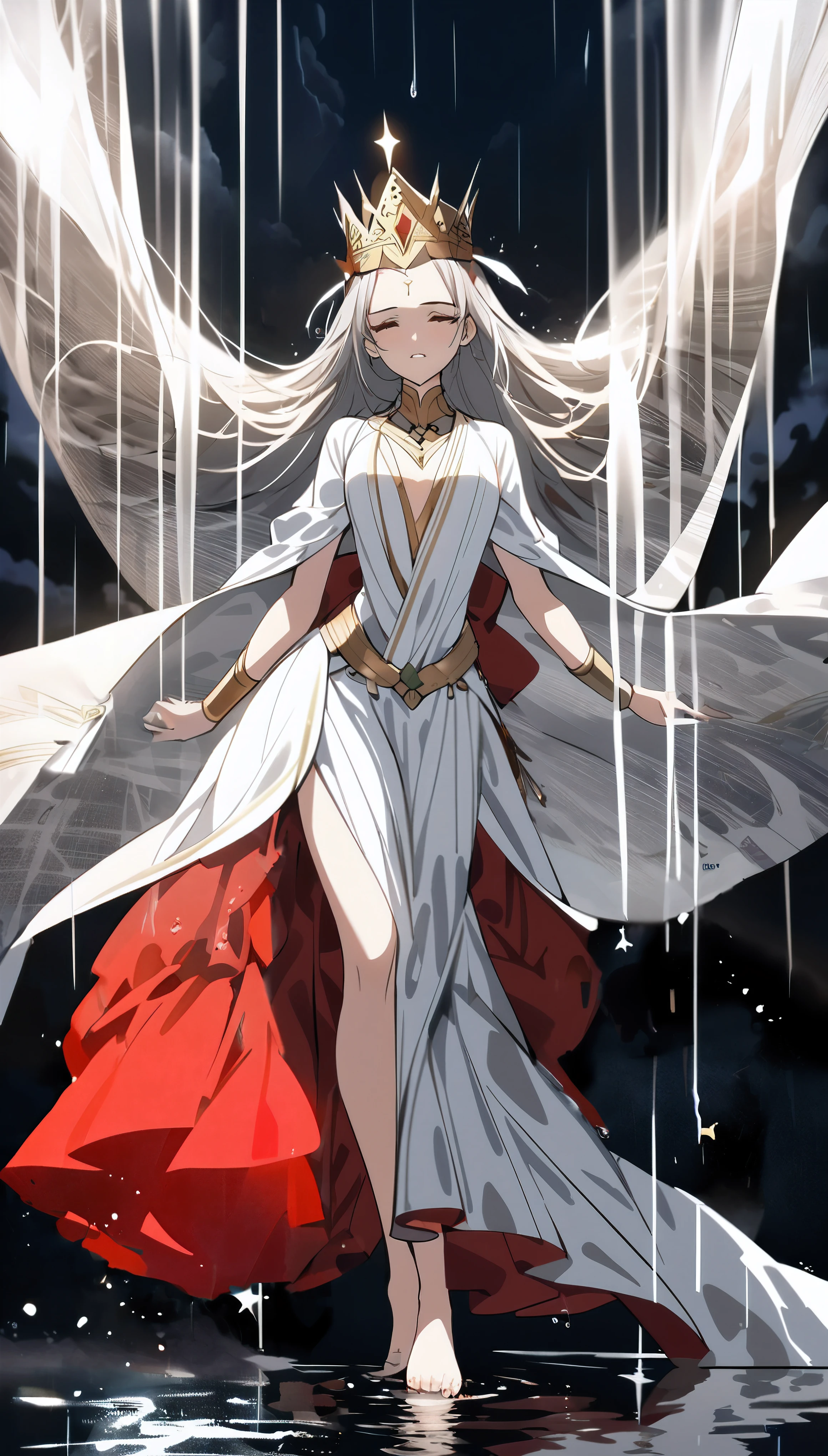 a woman in a white dress and a crown walks through the rain, anime goddess, white haired deity, flowing white robes, flowing magical robe, anime style like fate/stay night, flowing hair and long robes, anime wallaper, the goddess artemis smirking, ethereal anime, flowing robes, ((a beautiful fantasy empress)), cute anime waifu in a nice dress