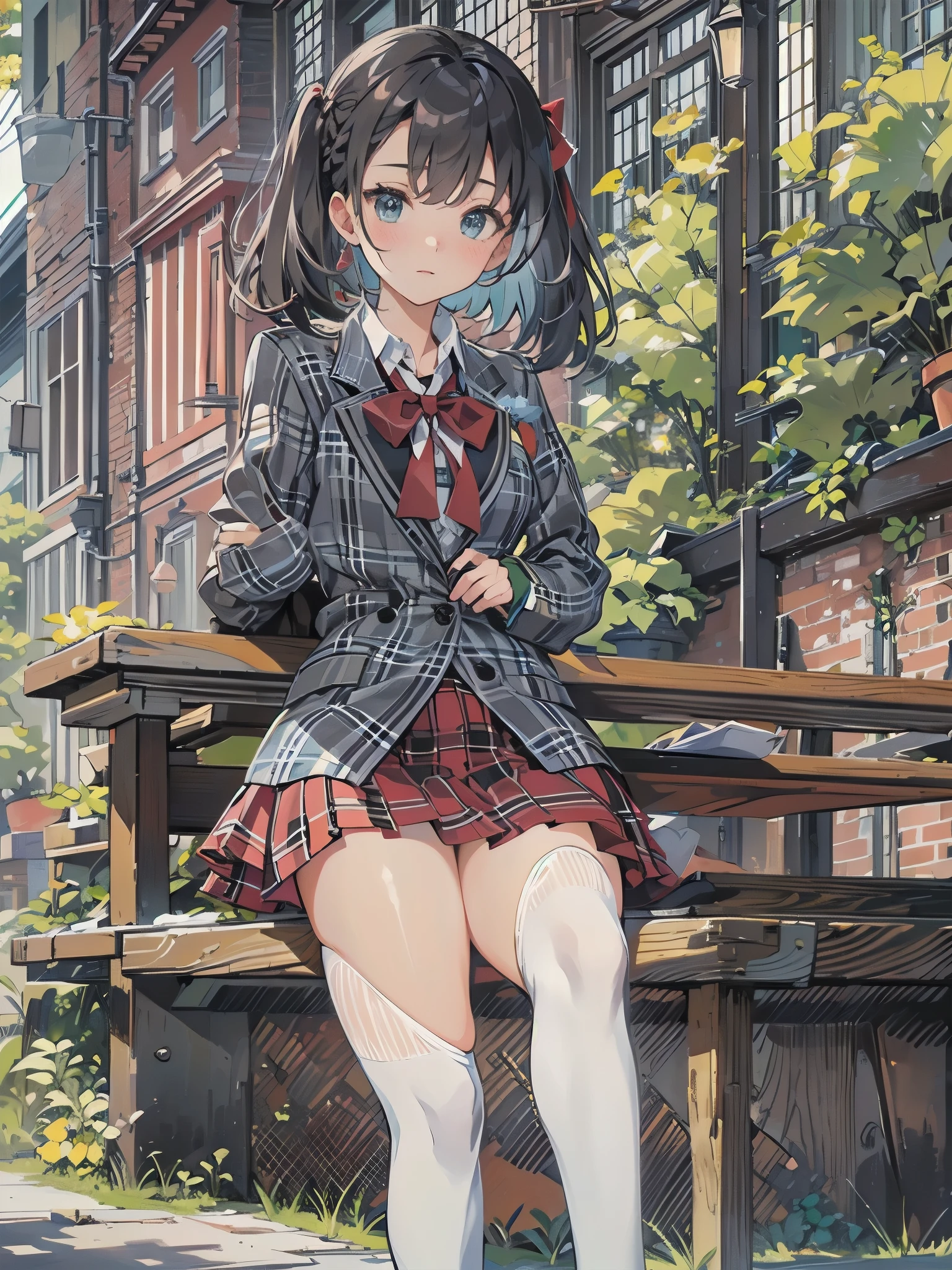 Top-High quality、Highest quality、masterpiece、High Contrast、Colorful、Elegance、Sexy expression、high school girl、Beauty、Bob cut braids、uniform、(red blazer)、Ribbon tie、(Green and gray plaid skirt)、(black tightovie-like shadows、fine shading、cute、Truly unbelievably cute absurd、outside、School trip、national treasures、Traditional buildings、blue sky
