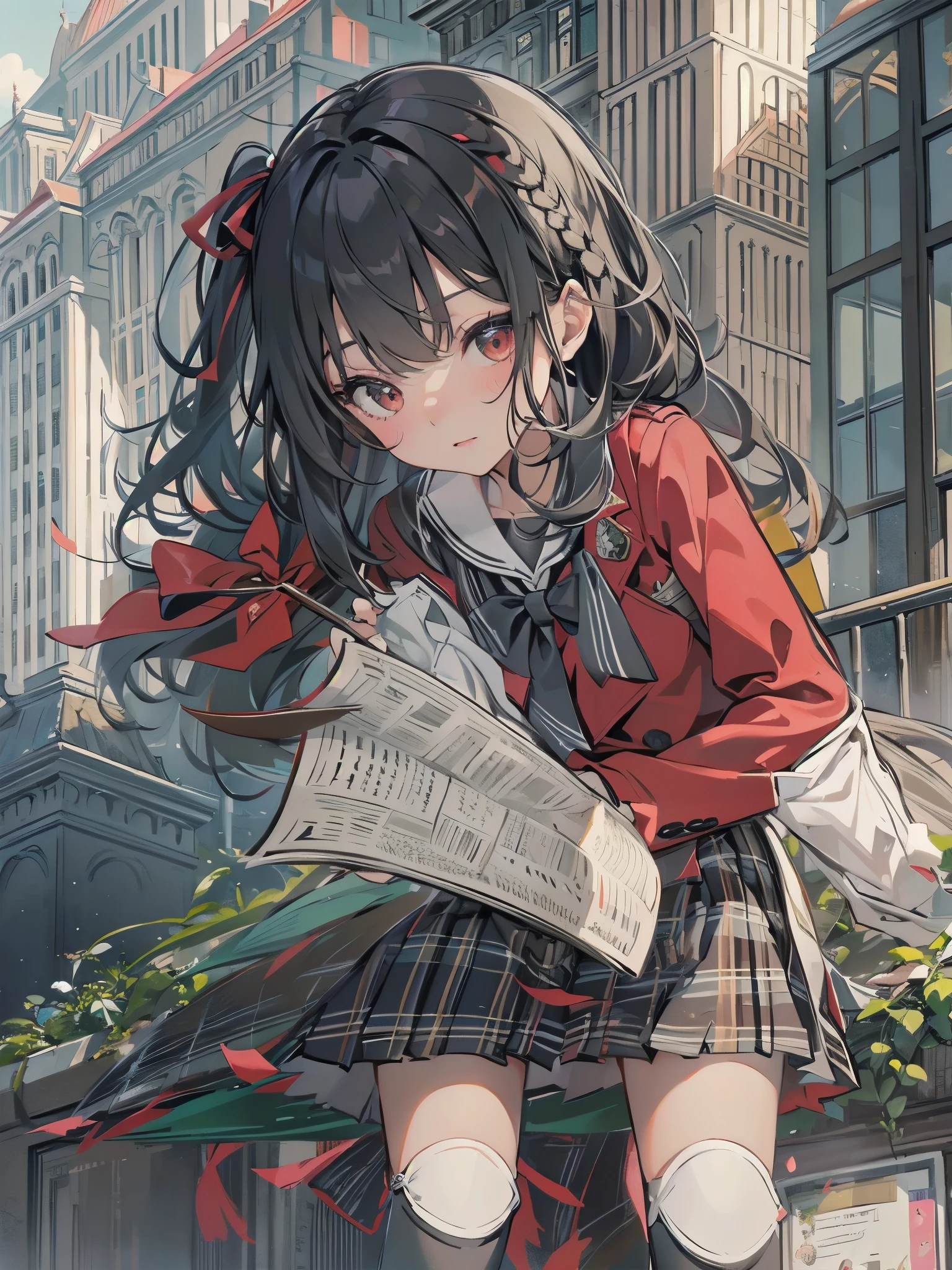 Top-High quality、Highest quality、masterpiece、High Contrast、Colorful、Elegance、Sexy expression、high school girl、Beauty、Bob cut braids、uniform、(red blazer)、Ribbon tie、(Green and gray plaid skirt)、(black tightovie-like shadows、fine shading、cute、Truly unbelievably cute absurd、outside、School trip、national treasures、Traditional buildings、blue sky
