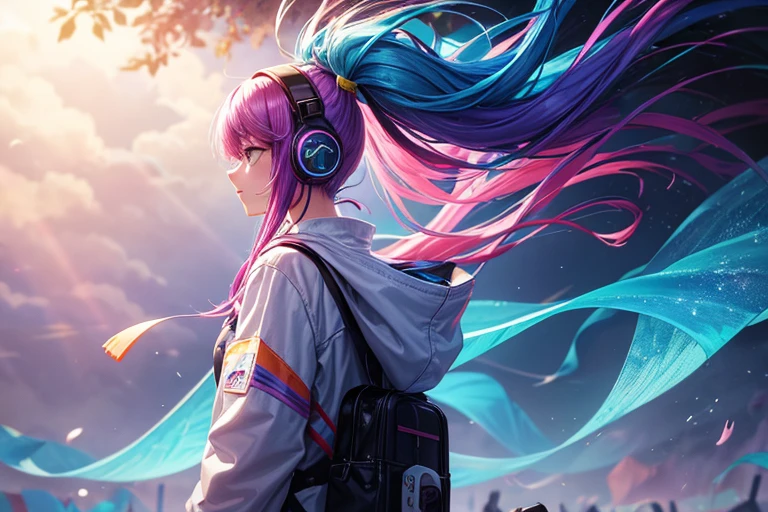 An emotional girl wearing headphones that could be used for music、Standing in the world of concept art。Her hair is dyed in colorful, vibrant colors.、Fluttering in the wind。The background is filled with fantastic light and shadow.、Strange creatures surround her.。She is quietly listening to music、The music colors the surrounding scenery.。