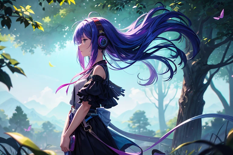 An emotional girl wearing headphones that could be used for music、Standing in the world of concept art。Her hair is dyed in colorful, vibrant colors.、Fluttering in the wind。The background is filled with fantastic light and shadow.、Strange creatures surround her.。She is quietly listening to music、The music colors the surrounding scenery.。
