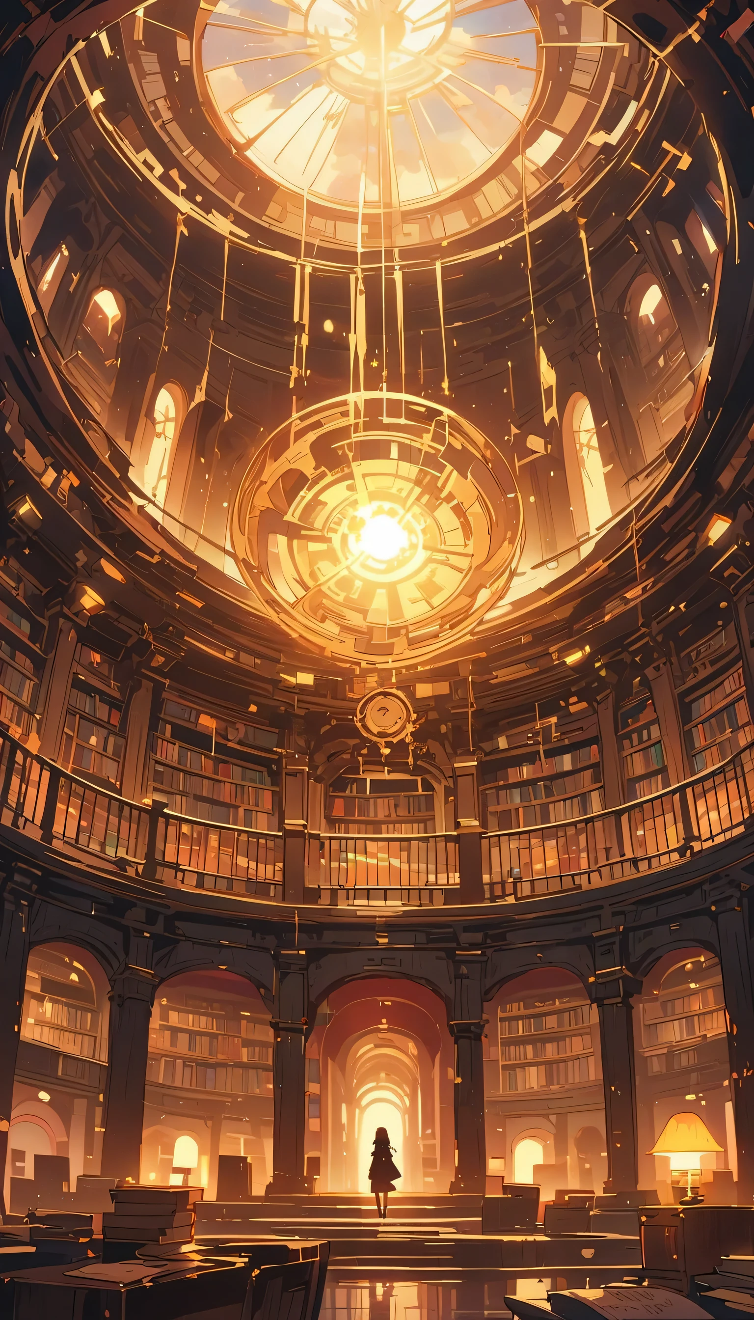 A huge futuristic library housing thousands of books. Awe-struck steampunk kid in the middle of a library  、(highest quality、masterpiece、High resolution、detailed)anime style、flat style、(Shining Eyes、Beautiful Face),  BREAK,1 girl、anime