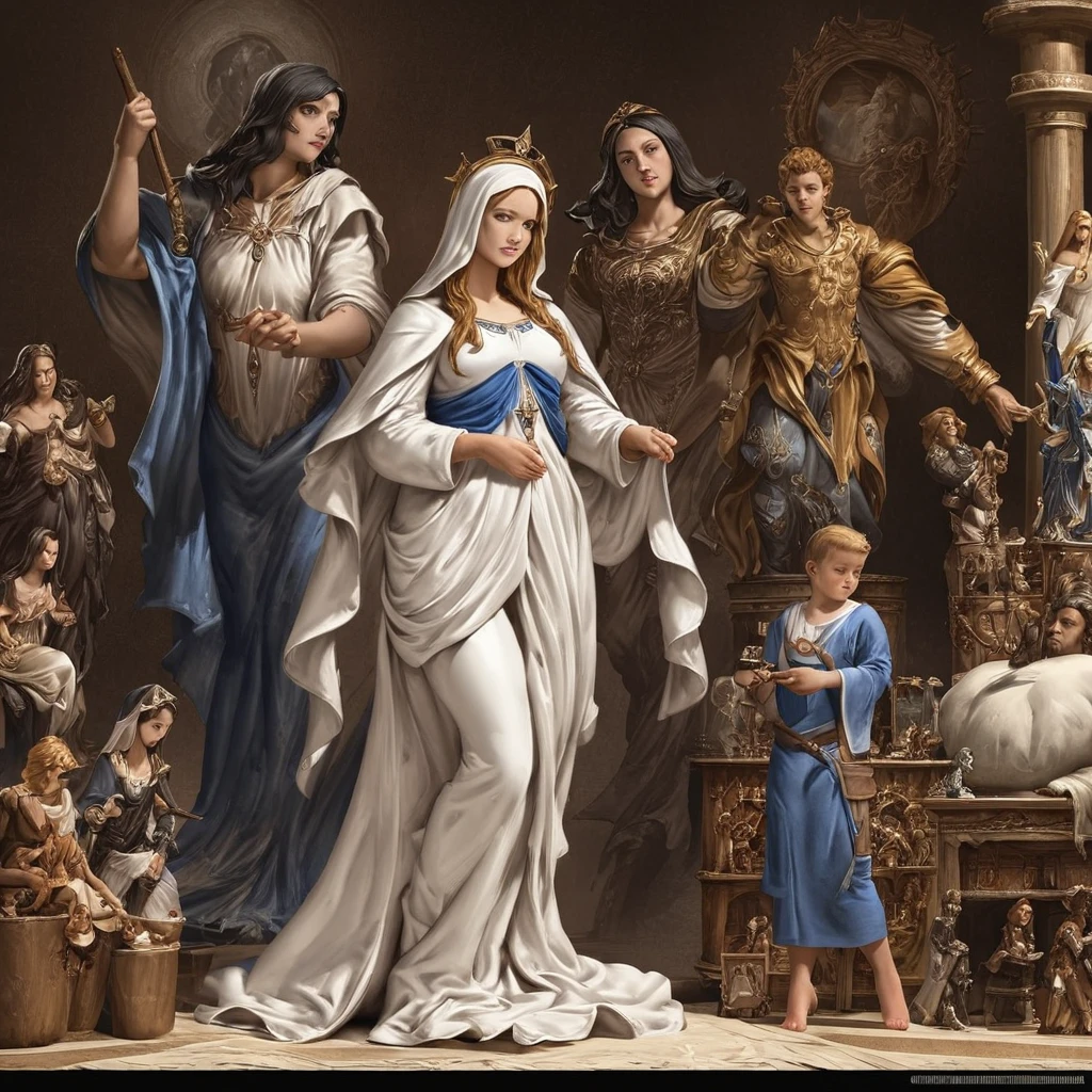 A beautiful ultra-thin Realistic portrait of the Virgin Mary, White outfit with blue details, ((Divinity)), whole body, Biblical, Realistic, Intricate details, Abbott Fuller Graves, Bartolomé Esteban Murillo, JC Leyendecker, Craig Mullins, Peter Paul Rubens, (Caravaggio), Art Station Trends, 8k, Concept Art, Fantasy art, PhotoRealistic, Realistic, figure, oil, Surrealism, HyperRealistic, brush brush, Digital Art, style, watercolor