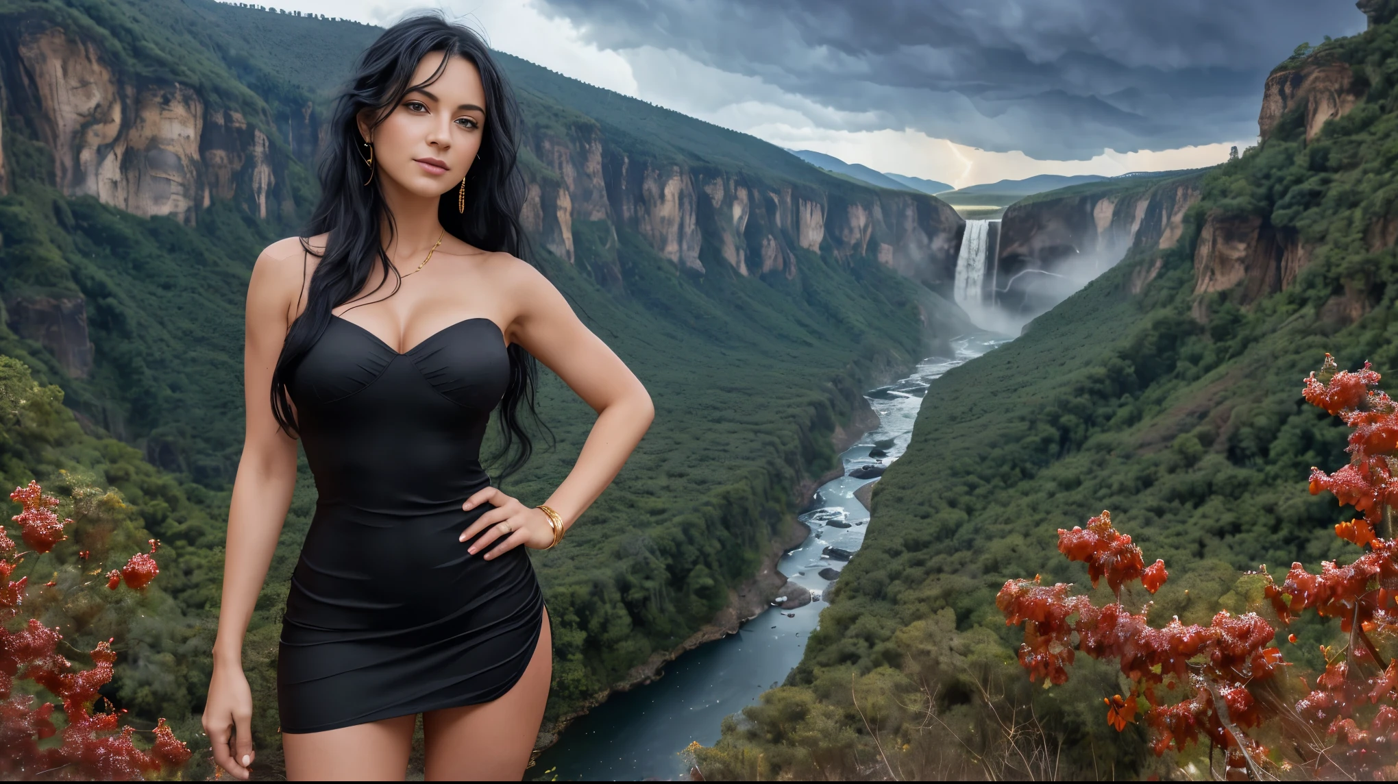 (Very realistic image), Centerpiece, masterpiece, Ultra detailed, High quality, 4k, complex, expert, Center, (volumetric lighting), beautiful, masterpiece, (ultra detailed landscape), (landscape sharp), (sharp image). (1 pretty girl alone), (1 sublime French girl aged 30), (French girl), (long black hair: 1.5), (blue eyes: 1.3), innocent face, (seductive smile), (large gold hoop earrings) , (pretty breasts), (plunge neckline), (red dress:1.5), (bodycon dress, short dress:1.5), (gold ornaments on the dress). (on top of a mountain overlooking a magnificent landscape of waterfalls and lush forest at the bottom of a canyon: 1.3), (storm and red lightning: 1.6), (dark night: 1.5), (darkness: 1.3), (full moon:1.3), (low lighting). (sensual dynamic pose), (perfect body), (perfect anatomy), (perfect hand), (looks at camera:1.3), (cowboy shot), (upper half of the body view)