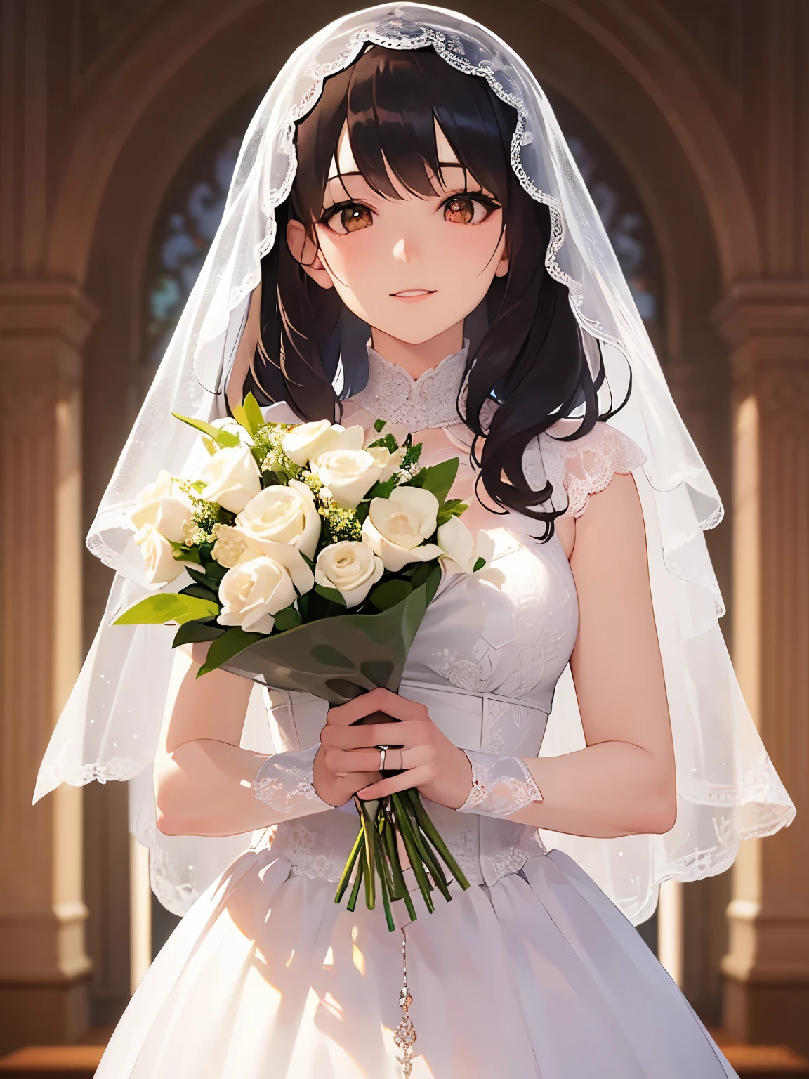 holding a bouquet、Are standing、Upper Body, Realistic, real person, (pale skin: 1.2), RAW photo, photorealistic, portrait photography, shiny skin, shiny hair、(25 year old woman with medium hair with bangs) and (wavy hair) and (brown hair) and (orange eyes), (white) and （Wedding dress、Veil）、smile, open moth, The background is a church、Alone、
