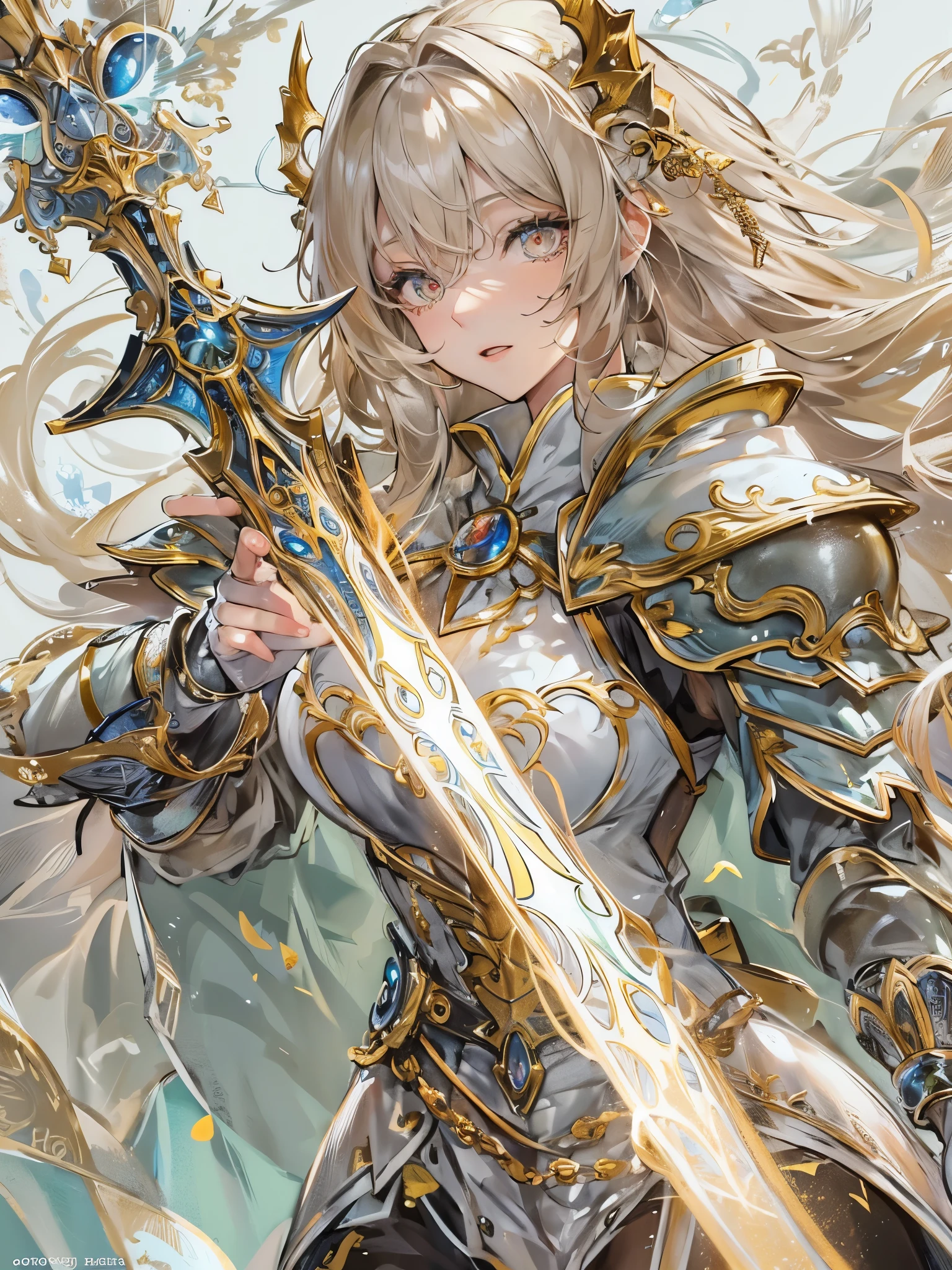 highest quality)),(超A high resolution),(Ultra-detailed),(Detailed depiction),((Best Anime)),(A masterpiece),Sharpness,Claire,super precision art,The art of astonishing depiction,Beautiful fantasy art with intricate and detailed details, (Flowing light:1.6),, (1 adult female:1.5),((Magic Knight:1.5)),(Asymmetrical magical armor with intricate and beautiful reliefs.:1.3),(Flames Gathering at Your Fingertips:1.3)