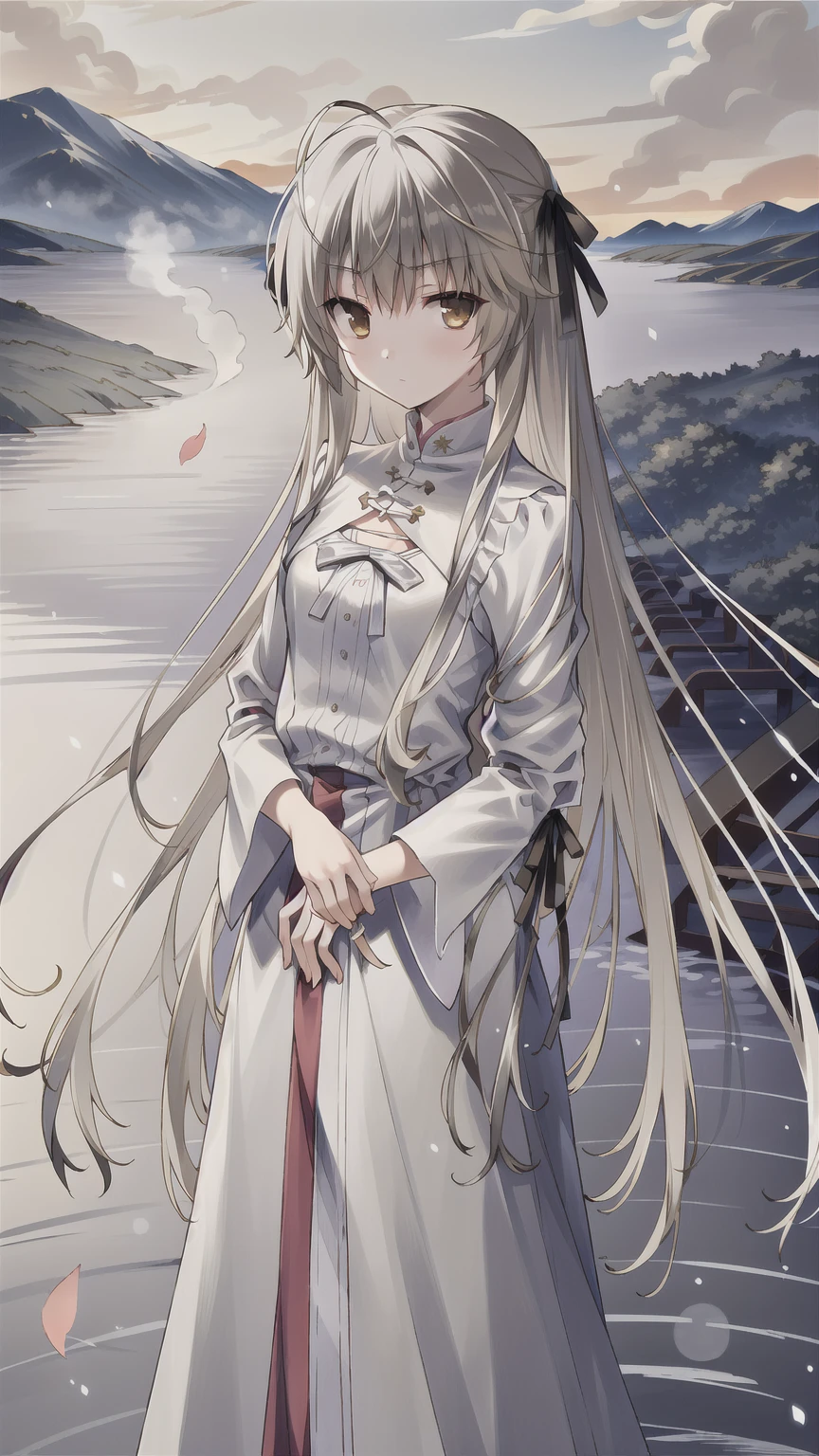((masterpiece:1.4, best quality)) ,Kasugano Sora,Elegant and beautiful girl,Brown eyes,Long straight hair，Hair like snow，Drunk in the Red Dust，Dongfengpo，Bridge over the River，Boat Ferry，Apricot blossoms are slightly raining，The landscape is picturesque，Jiangnan Misty Rain，Chinese style water sleeves Hanfu